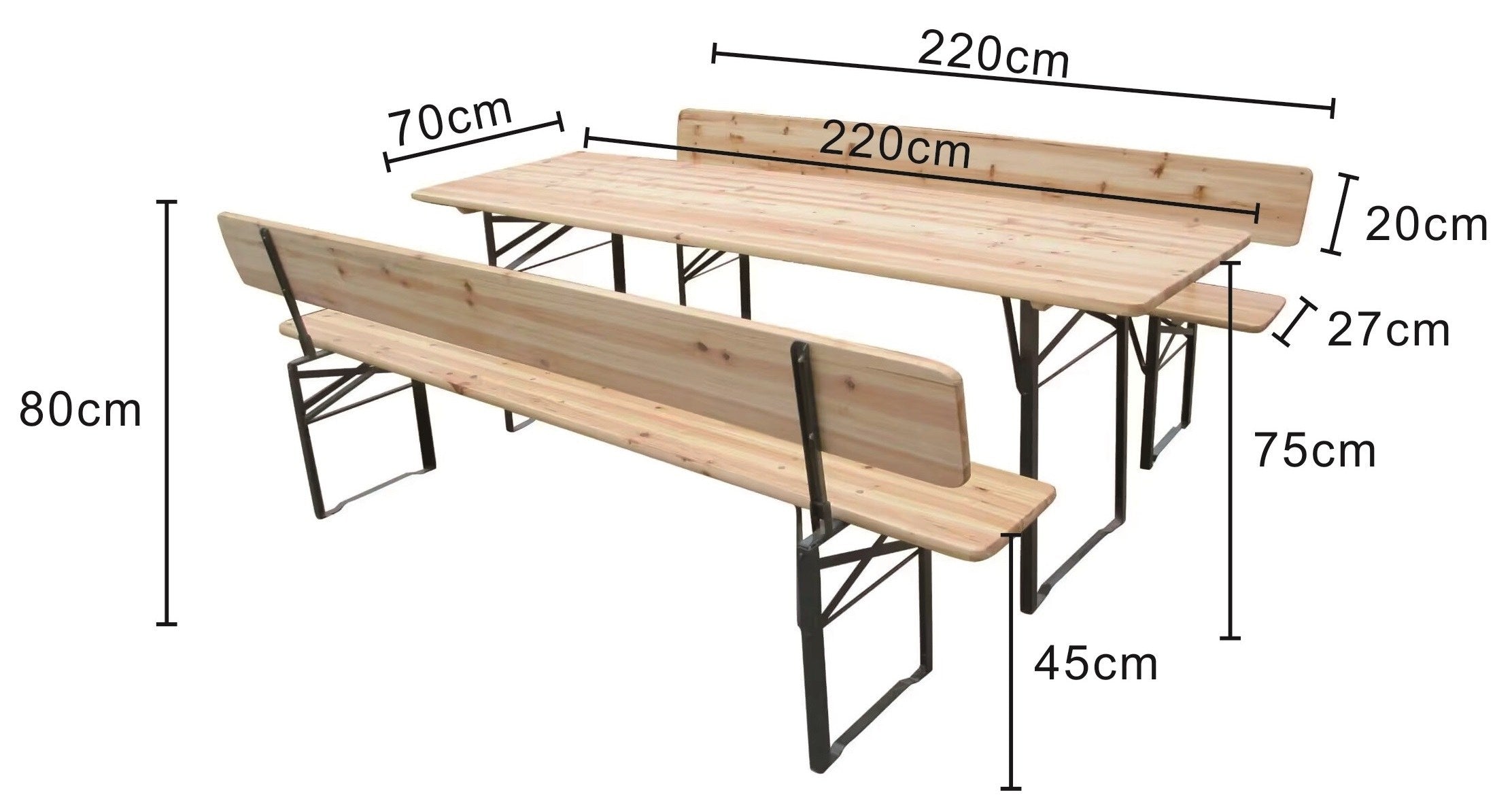 Sanotechnik - Bierzeltgarnitur Set 3-teilig mit Lehnen Tisch 220 x 70 cm Bänke 220 x 27 cm Fichte natur grün