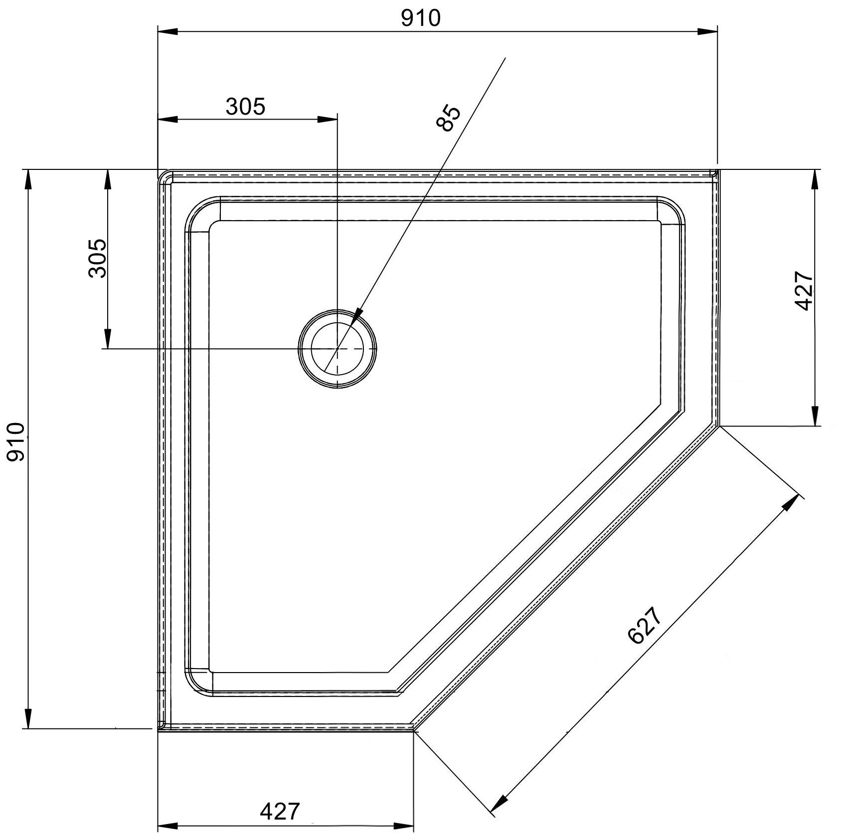Sanotechnik - Fünfeck Brausetasse 90x90x15cm weiß