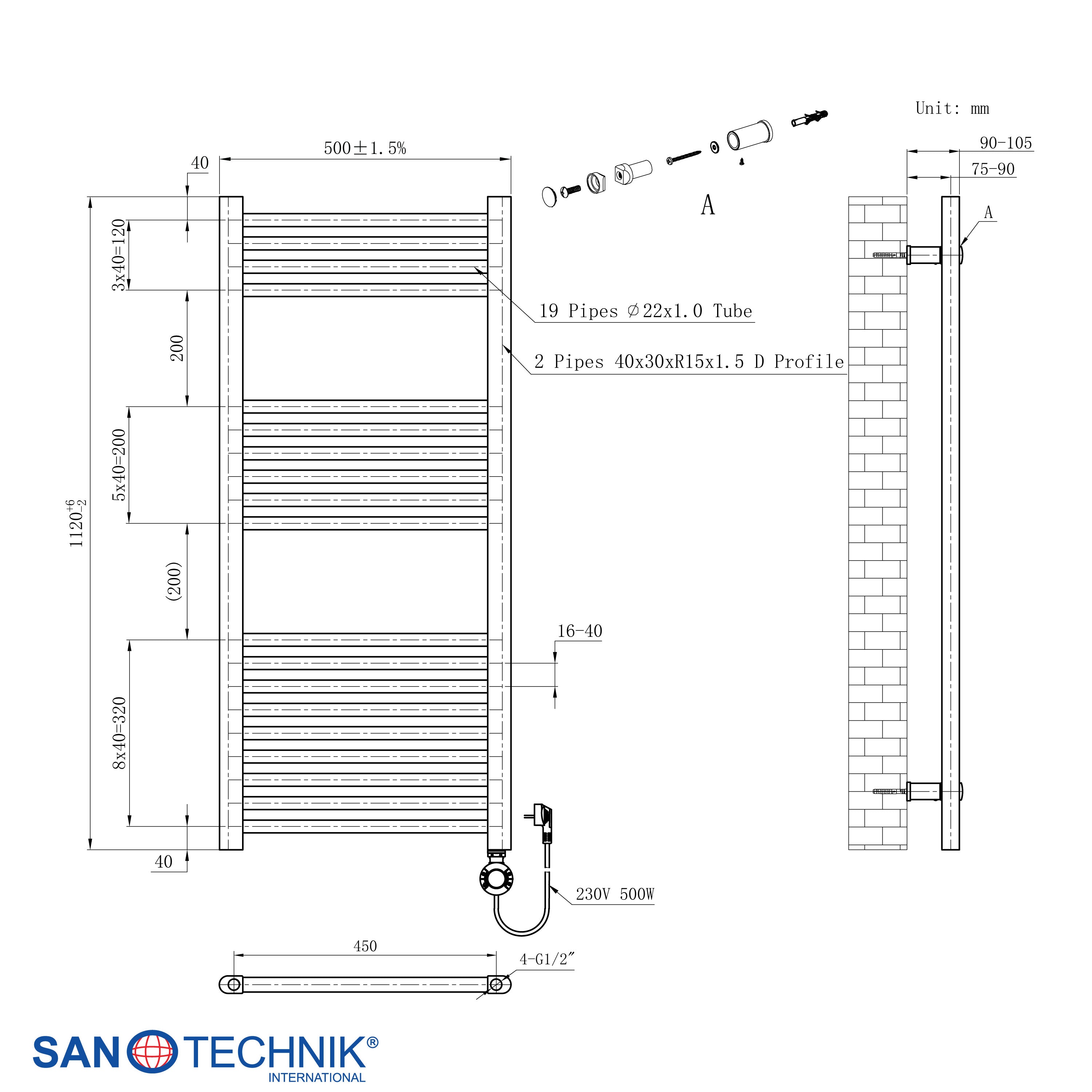 Sanotechnik - Badezimmerheizkörper E-Bozen, Weiß, 50x112cm 500 Watt
