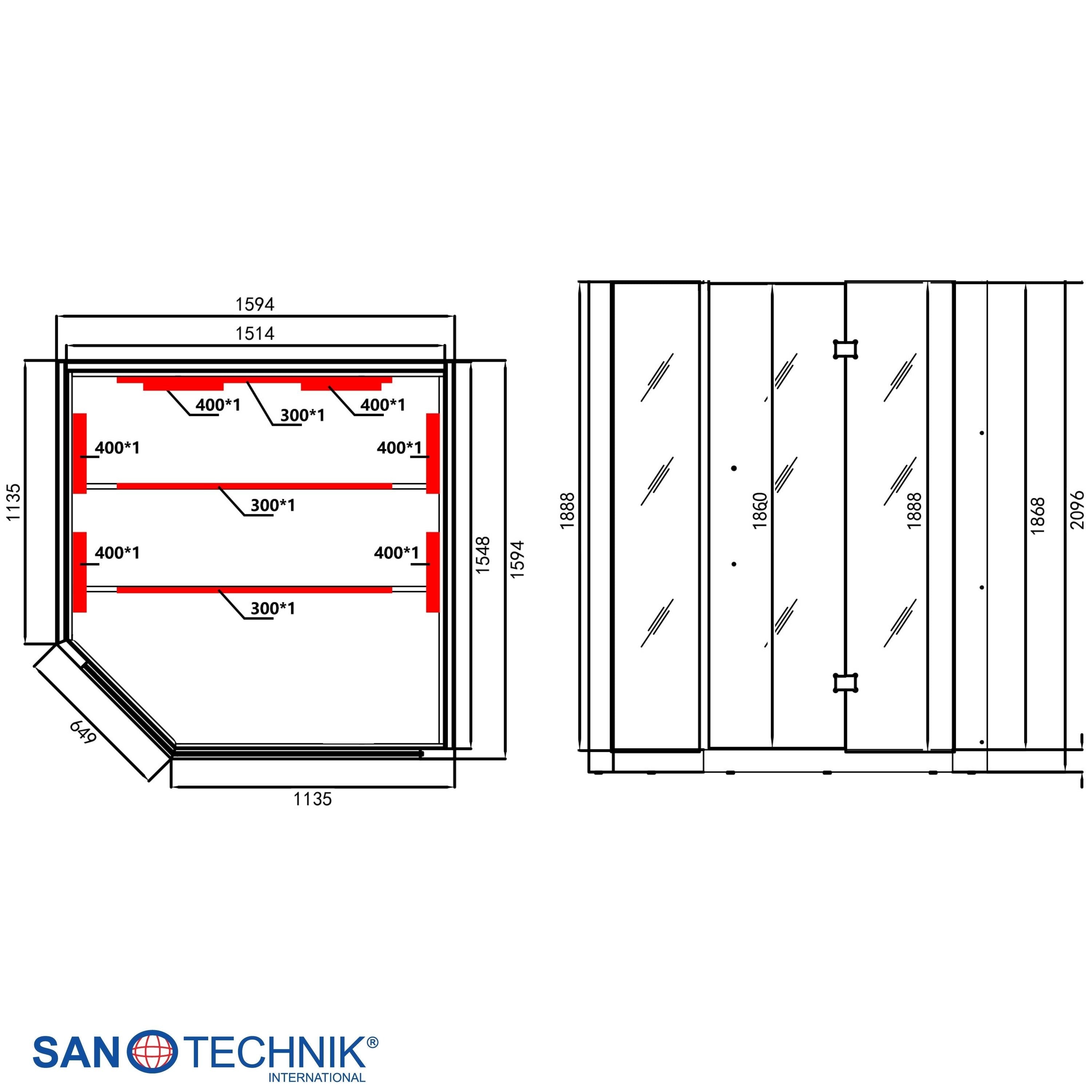 Sanotechnik - KIRUNA Infrarotkabine für 3-4 Personen 160x114,1x64,8x114,1x160 x 210 cm
