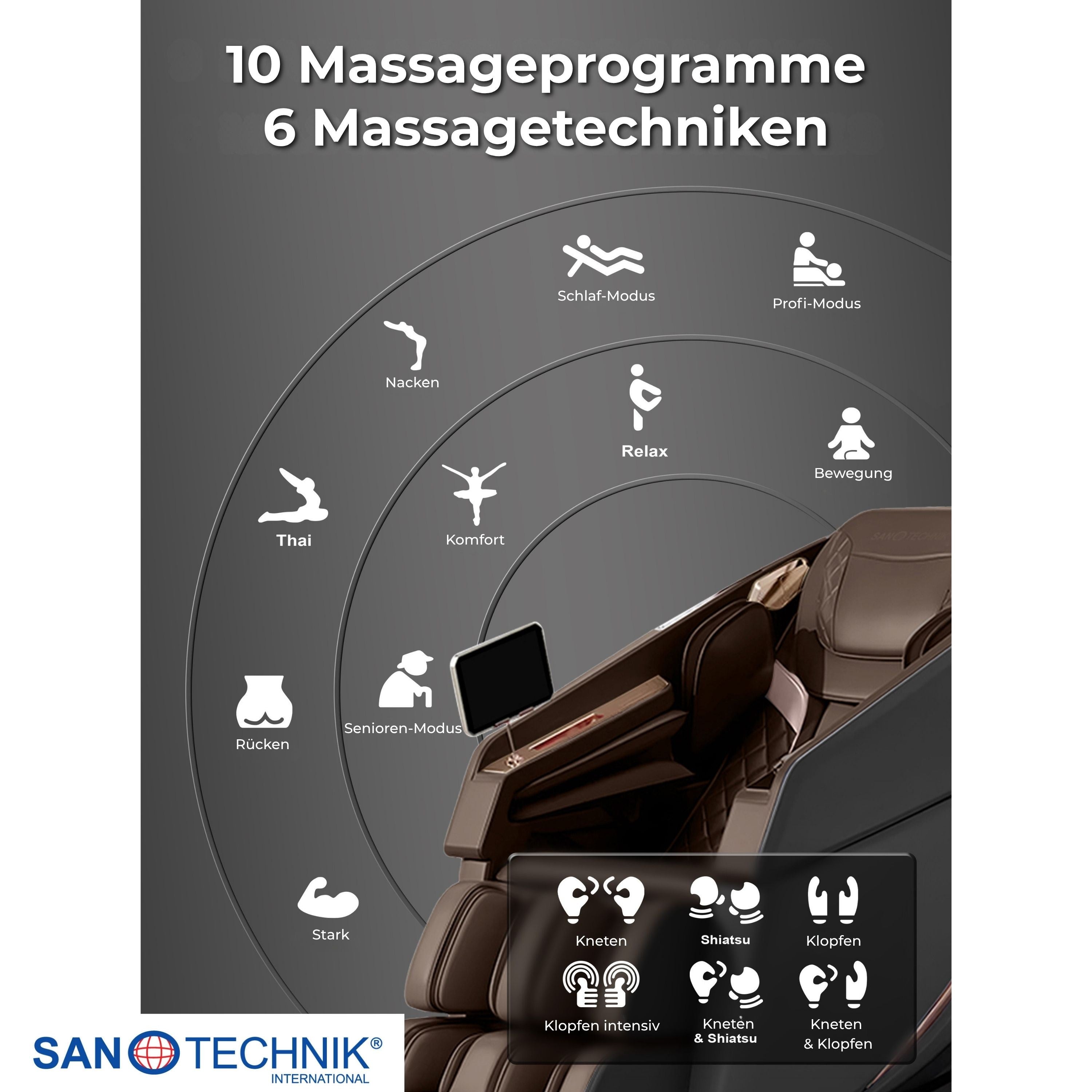 Sanotechnik - MEDORA Luxus-Massagesessel – Schwarz/Braun 75x143x114 cm