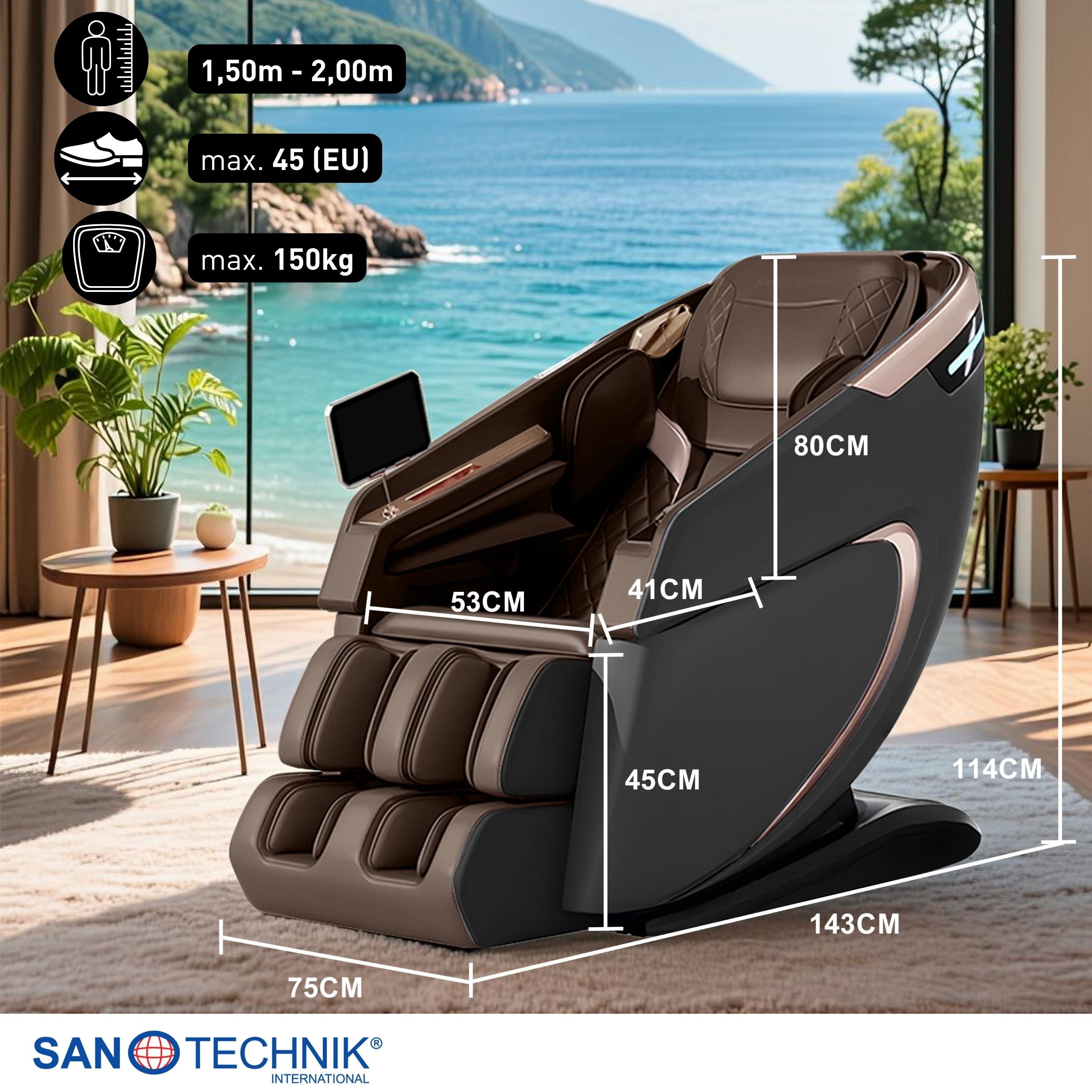 Sanotechnik - MEDORA Luxus-Massagesessel – Schwarz/Braun 75x143x114 cm