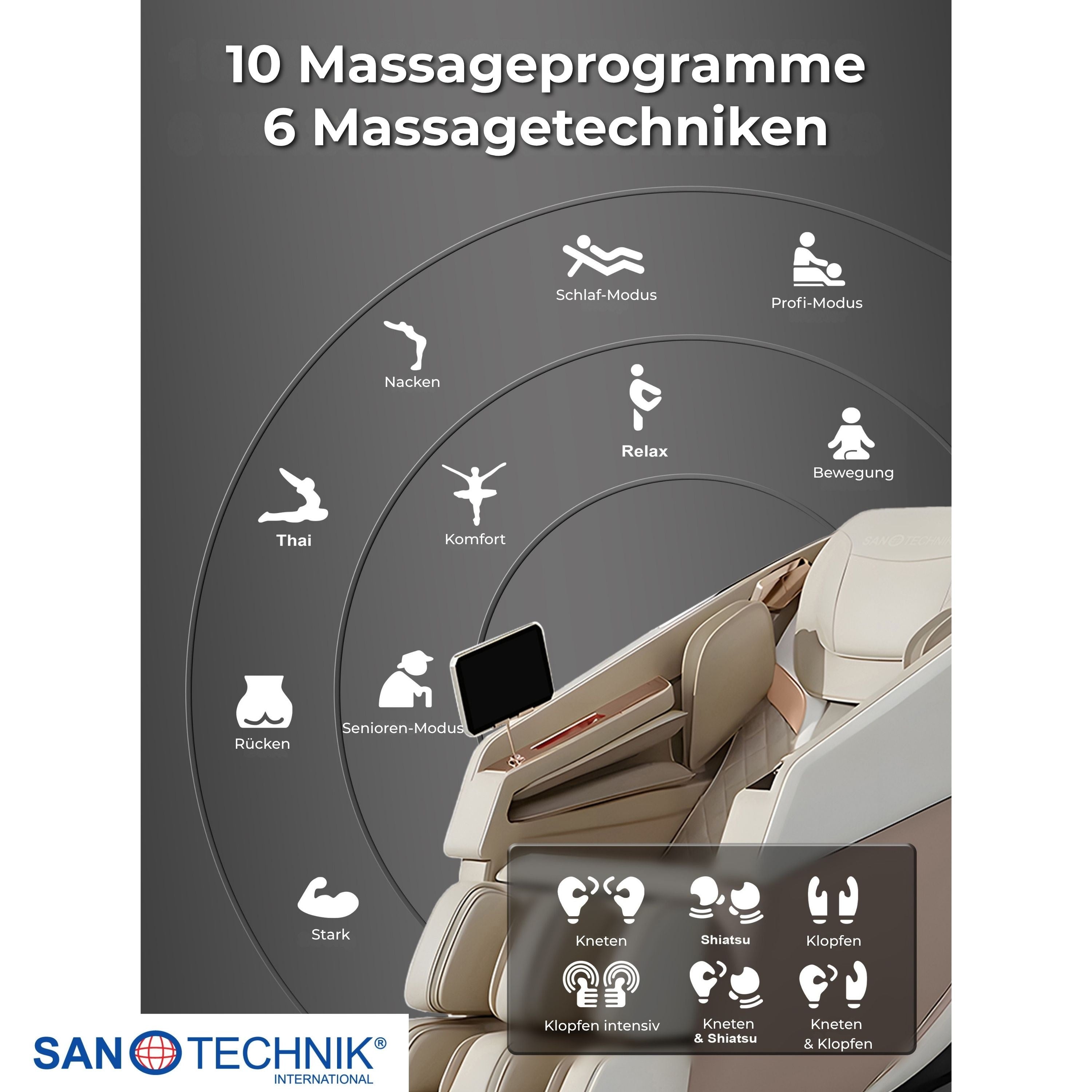 Sanotechnik - RESTORA Luxus-Massagesessel – Beige/Creme 75 x 143 x 114 cm