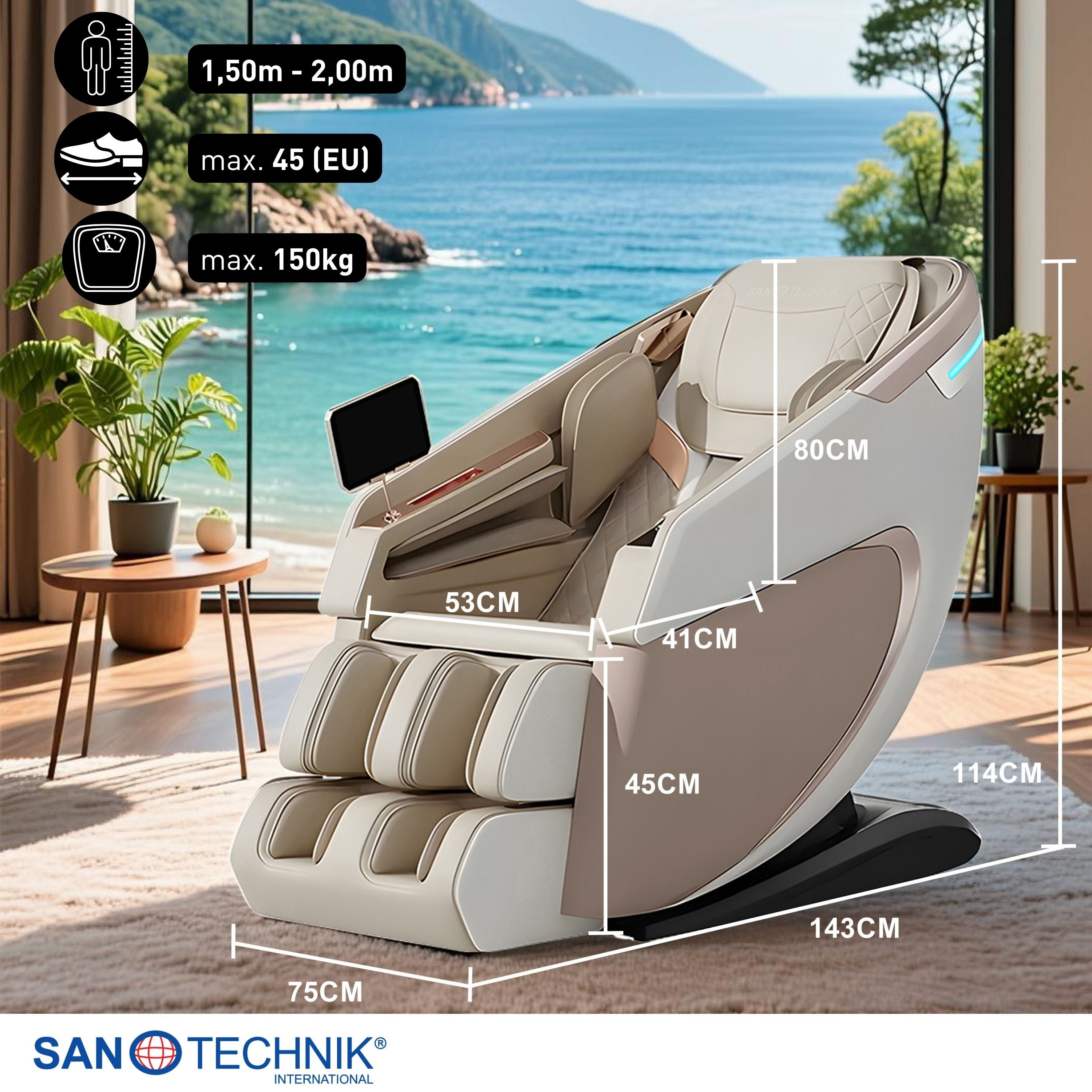 Sanotechnik - RESTORA Luxus-Massagesessel – Beige/Creme 75 x 143 x 114 cm