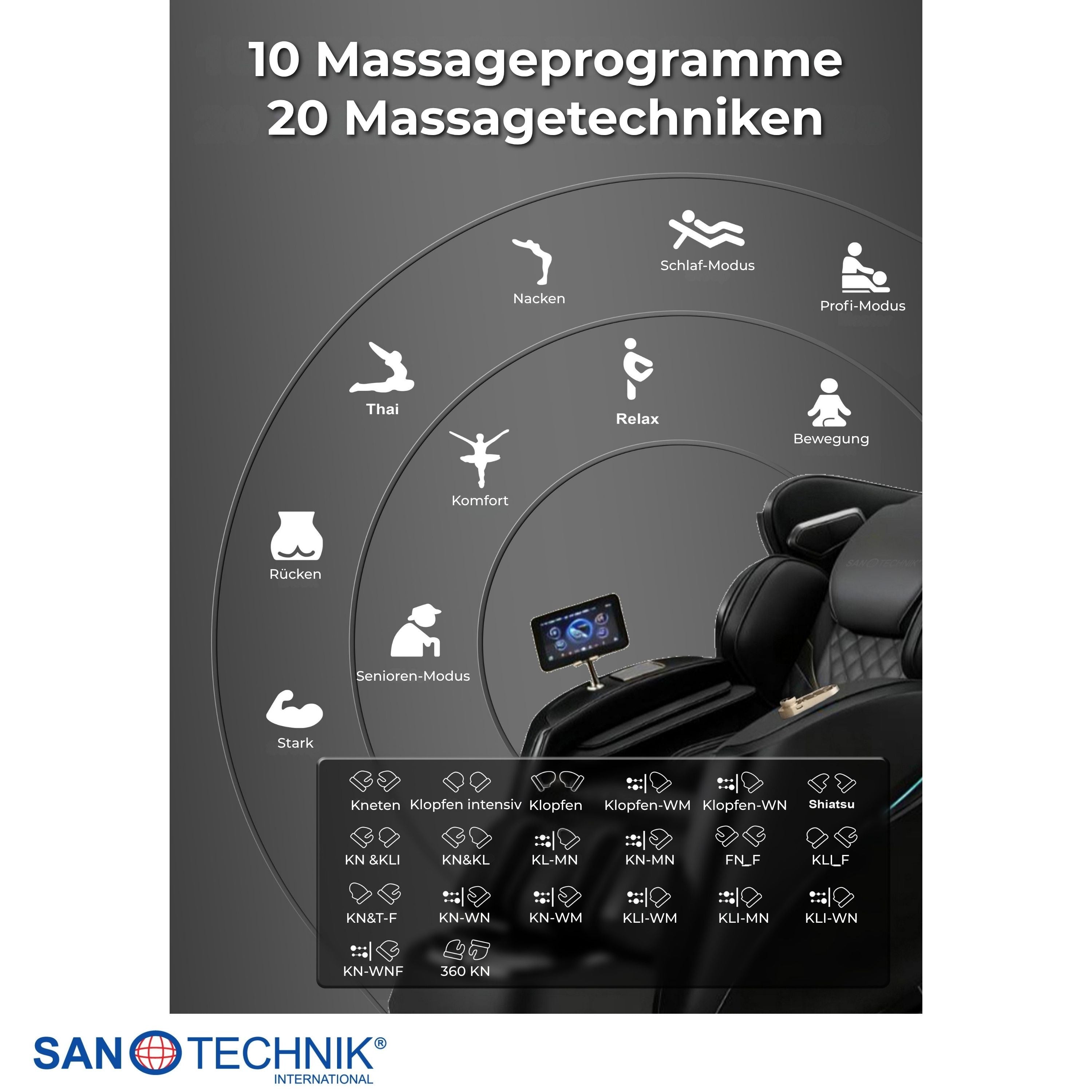 Sanotechnik - LUXORA Luxus-Massagesessel – Schwarz 76x159x115 cm