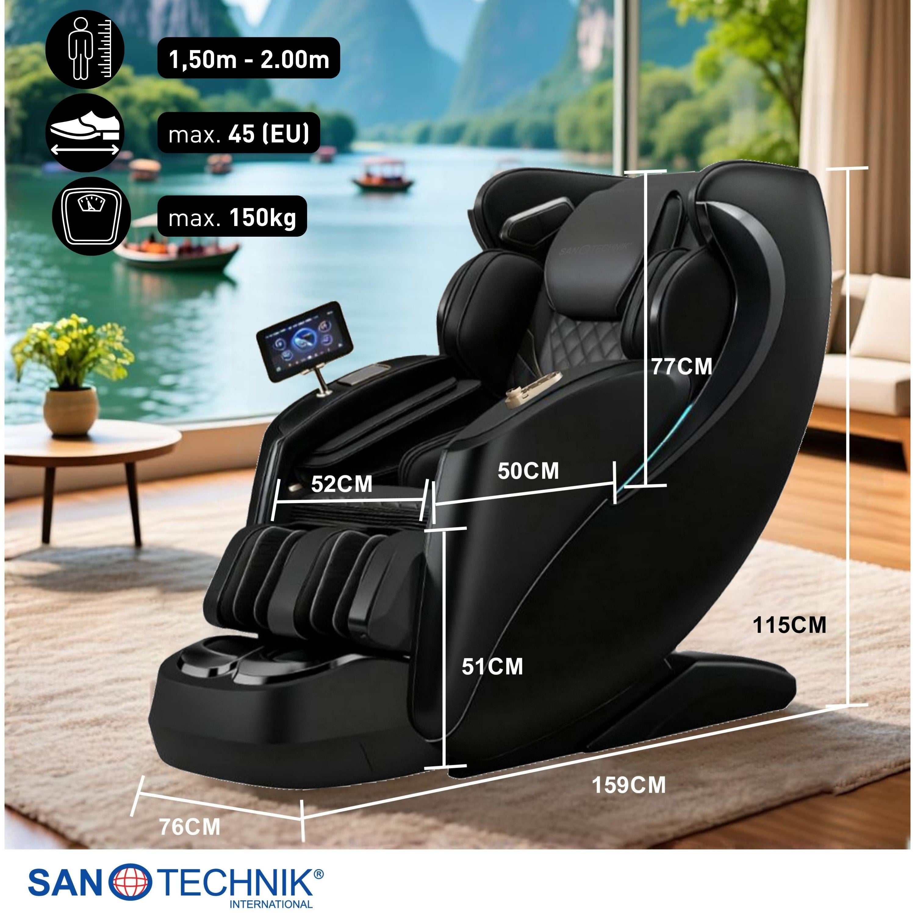 Sanotechnik - LUXORA Luxus-Massagesessel – Schwarz 76x159x115 cm