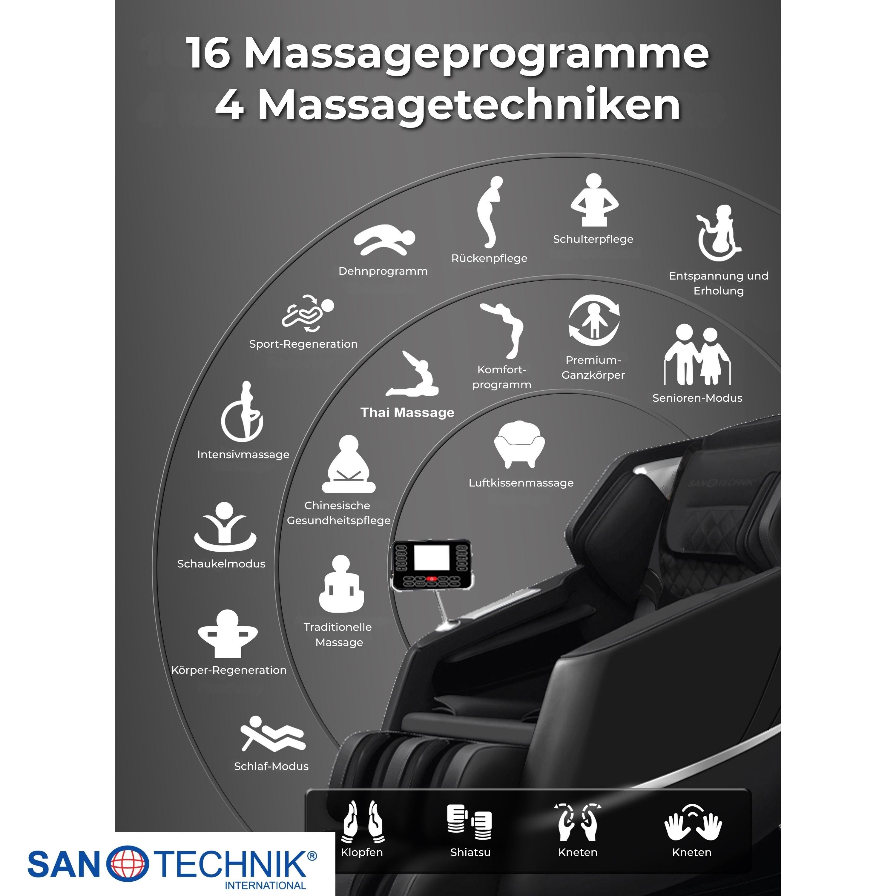 Sanotechnik - VITALORA Luxus-Massagesessel – Schwarz/Silber 74x147x108 cm
