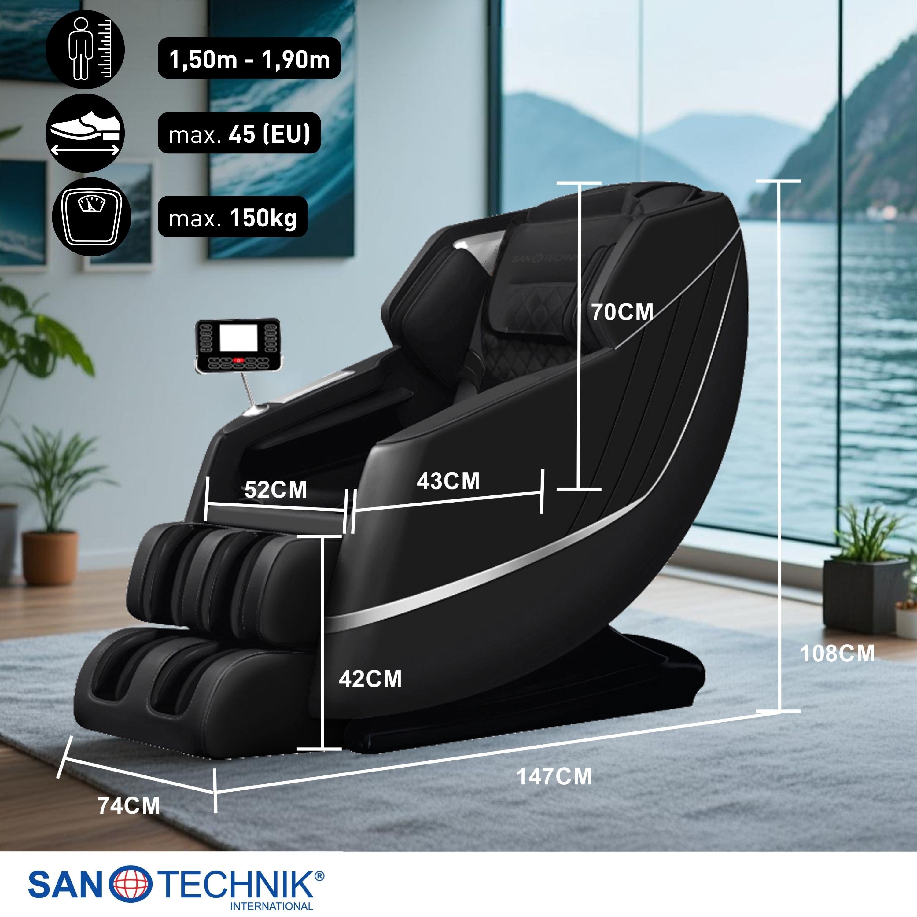 Sanotechnik - VITALORA Luxus-Massagesessel – Schwarz/Silber 74x147x108 cm