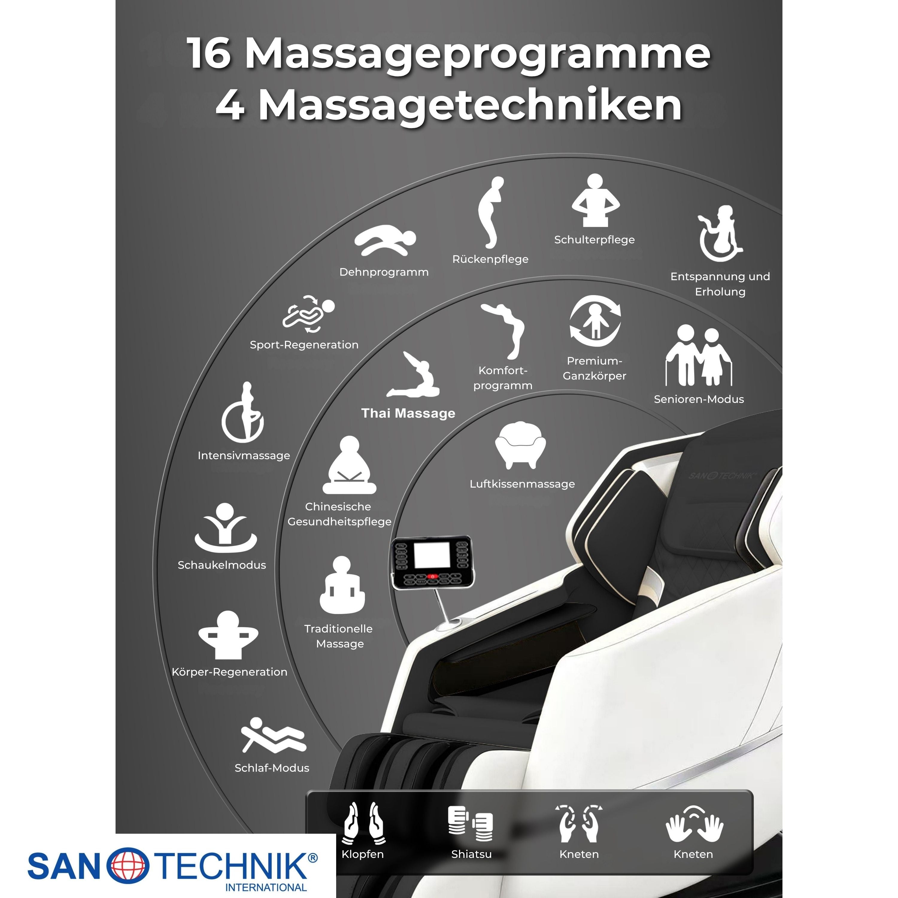 Sanotechnik - CALMORA Luxus-Massagesessel – Weiß/Schwarz 74x147x108 cm