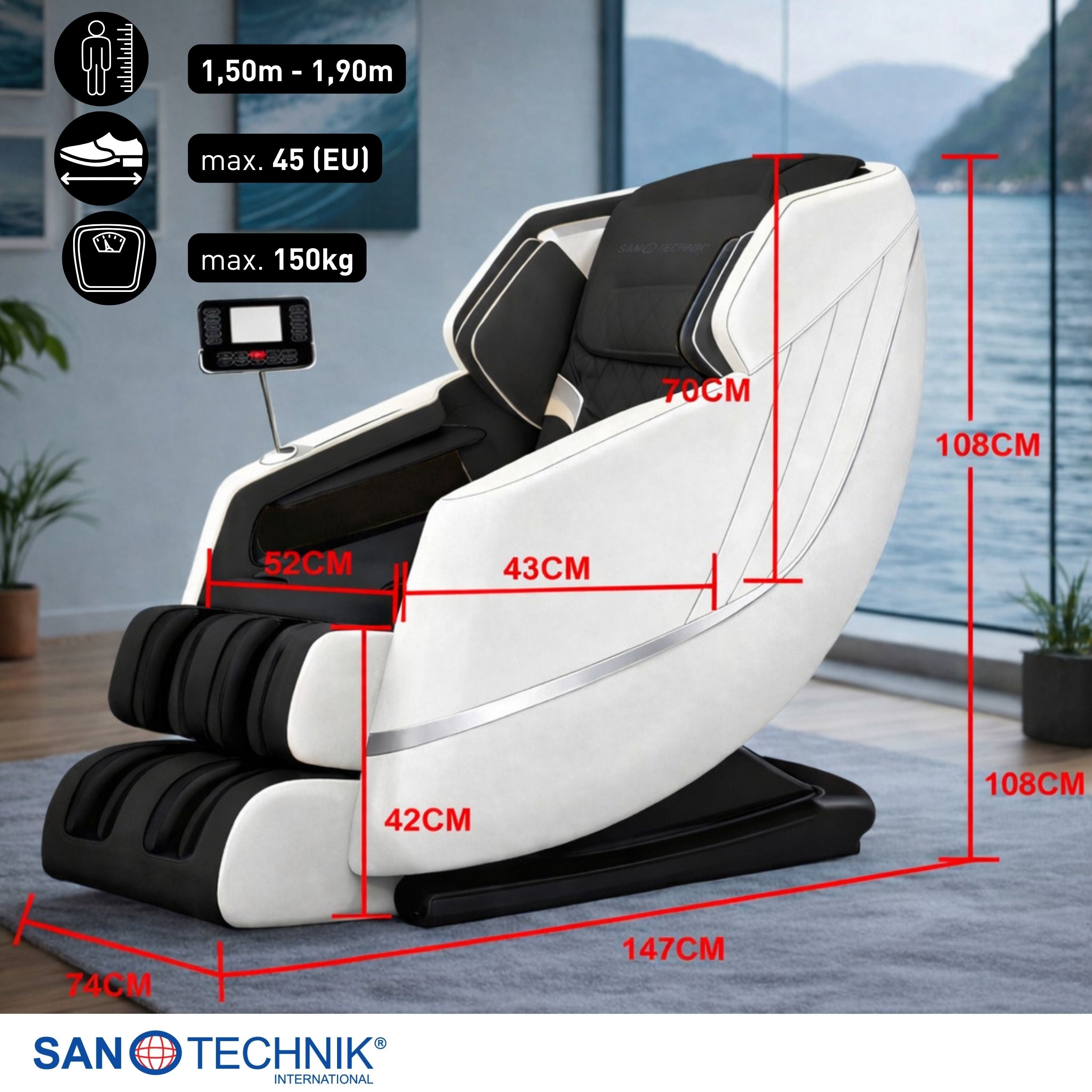 Sanotechnik - CALMORA Luxus-Massagesessel – Weiß/Schwarz 74x147x108 cm