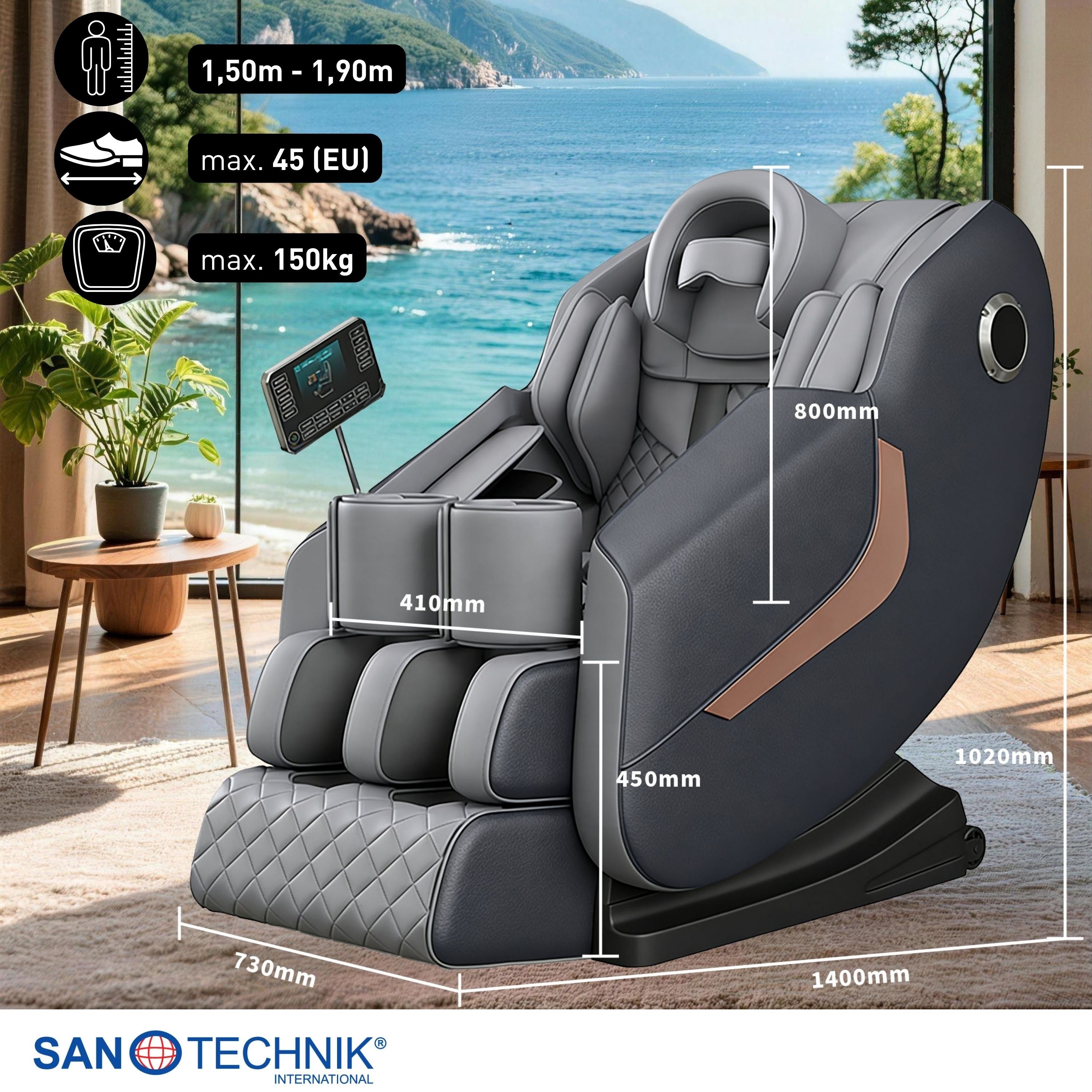 Sanotechnik - HEALORA Luxus-Massagesessel grau 73x140x102 cm