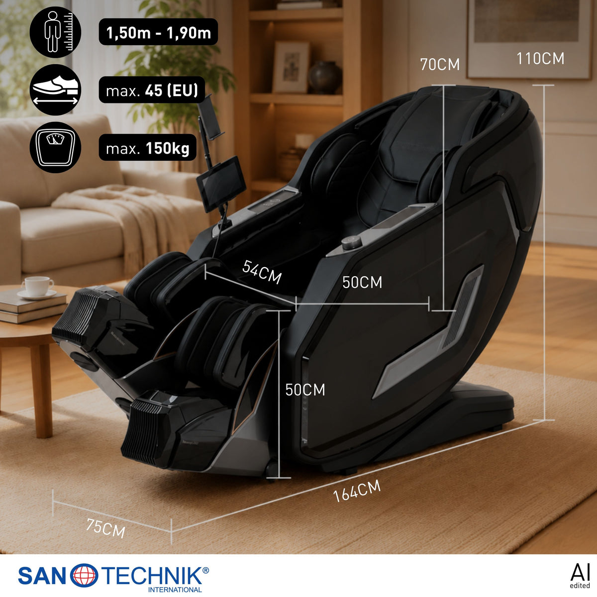 Sanotechnik - VALORA Luxus-Massagesessel - Schwarz 75x164x110 cm