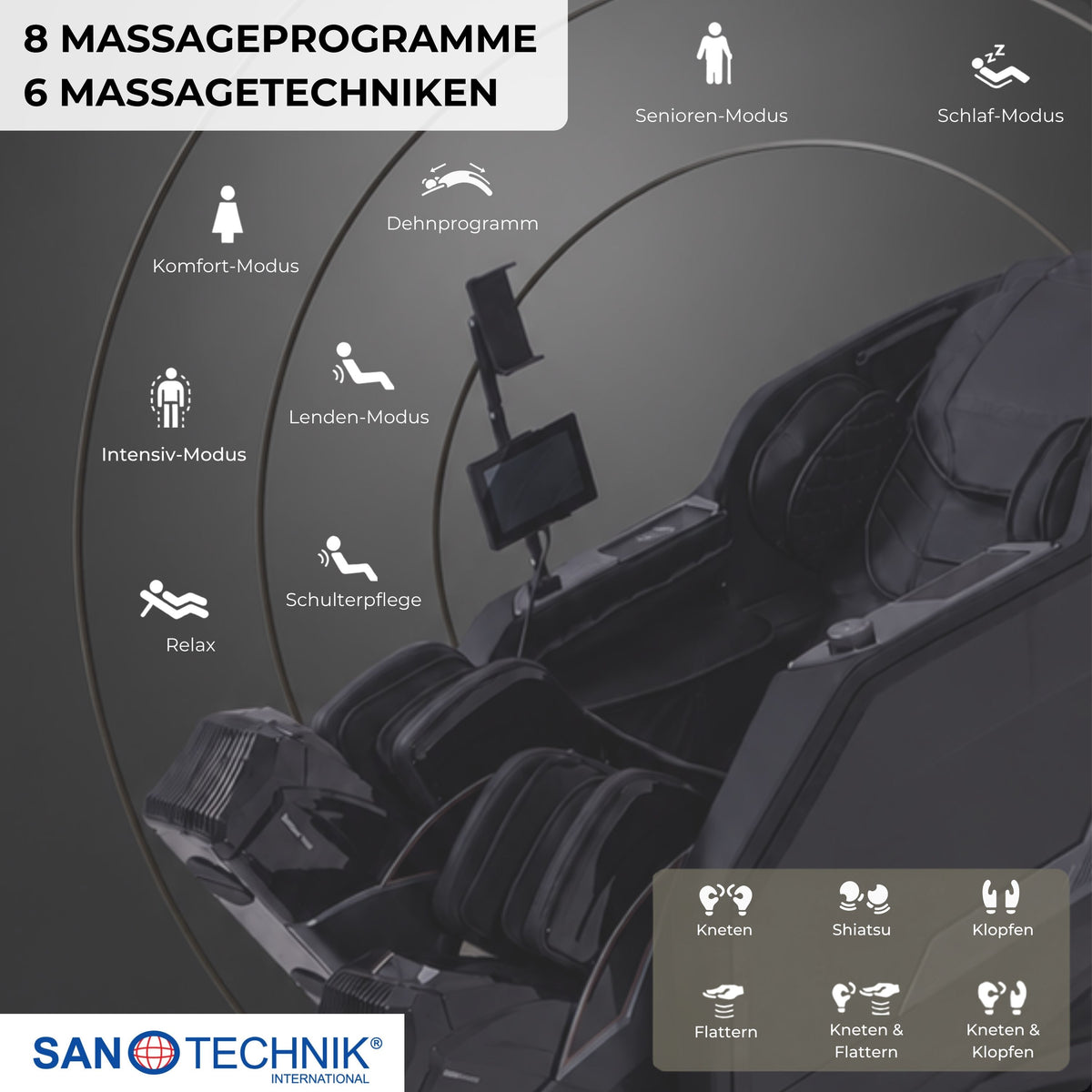 Sanotechnik - VALORA Luxus-Massagesessel - Schwarz 75x164x110 cm