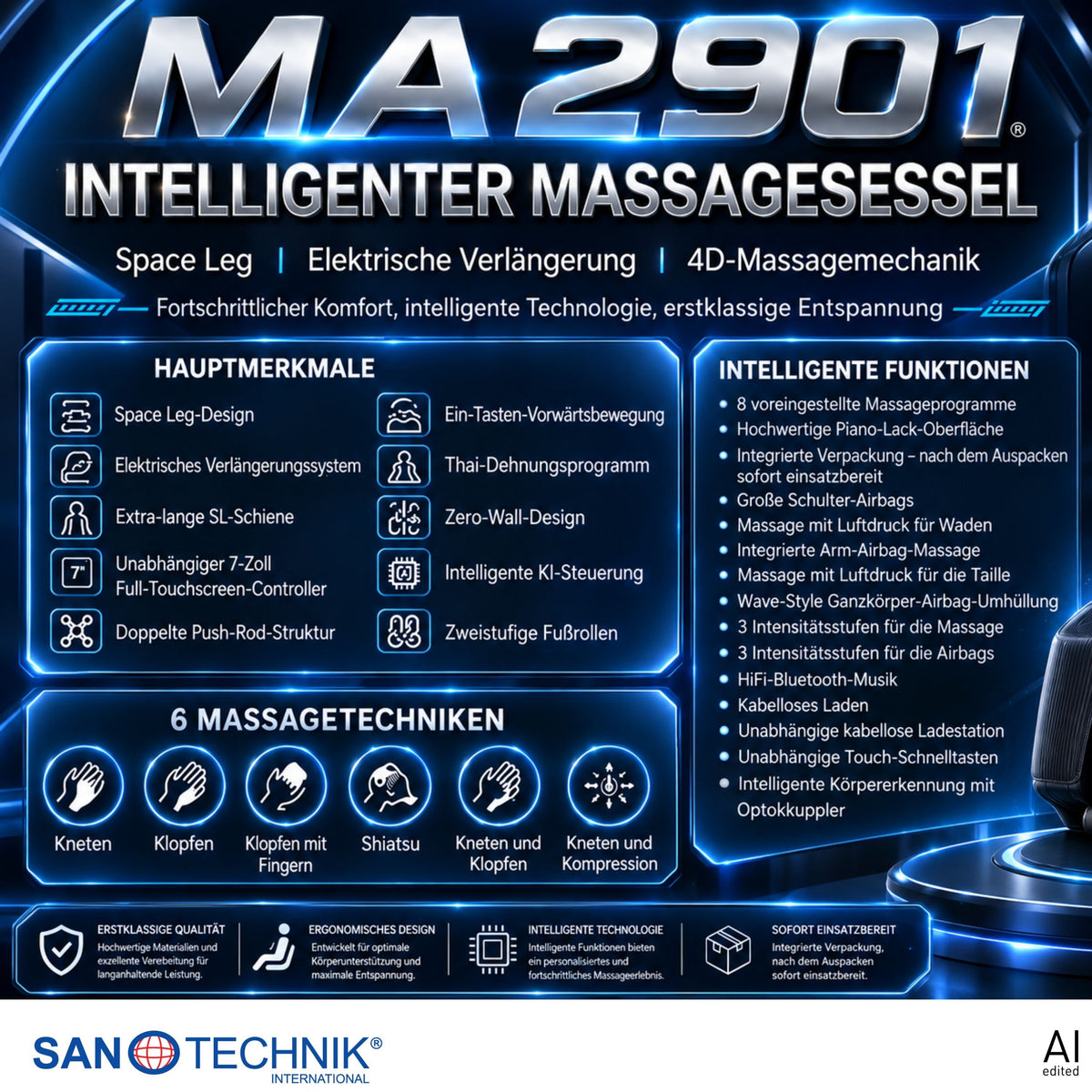 Sanotechnik - VALORA Luxus-Massagesessel - Schwarz 75x164x110 cm