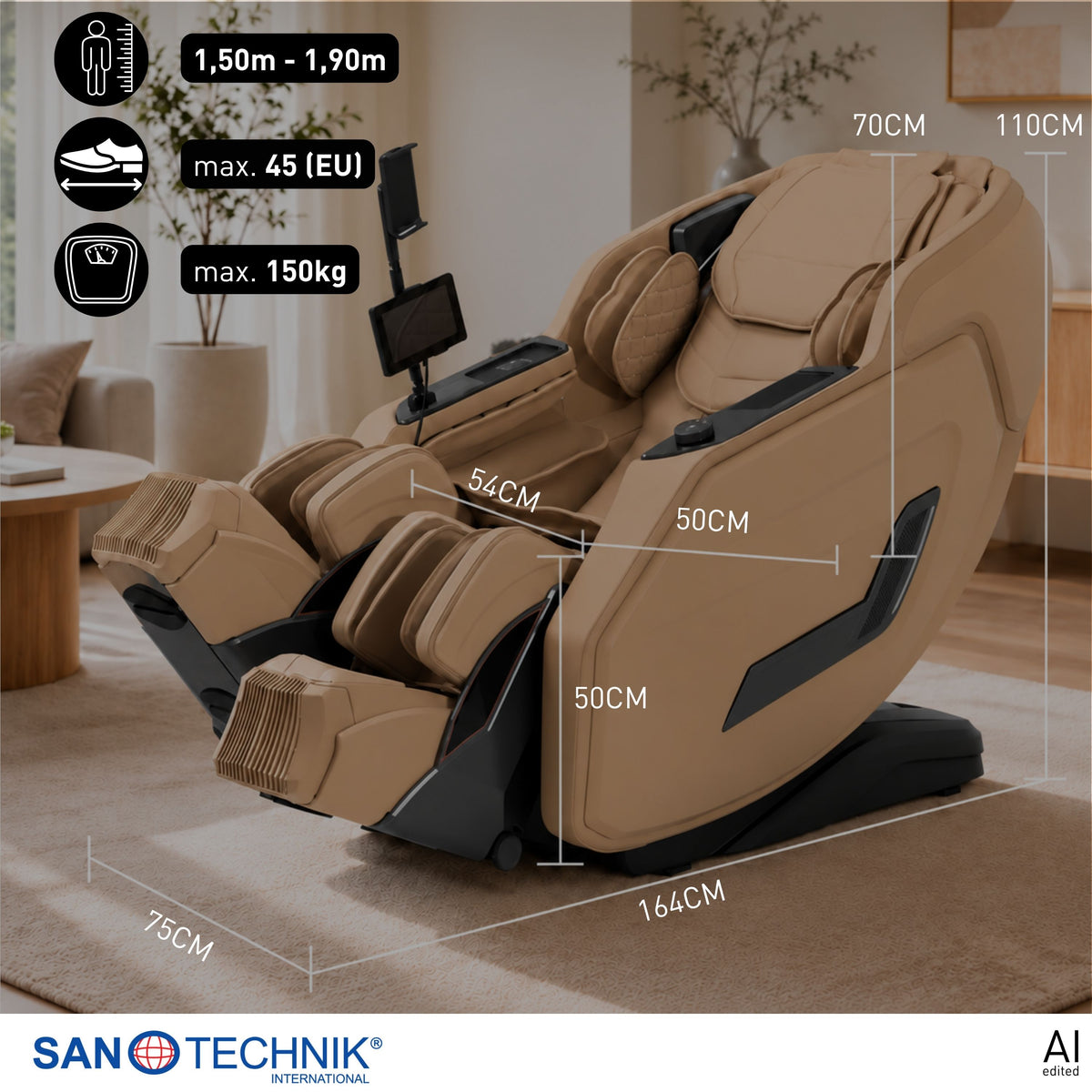 Sanotechnik - AVORA Luxus-Massagesessel - Beige 75x164x110 cm
