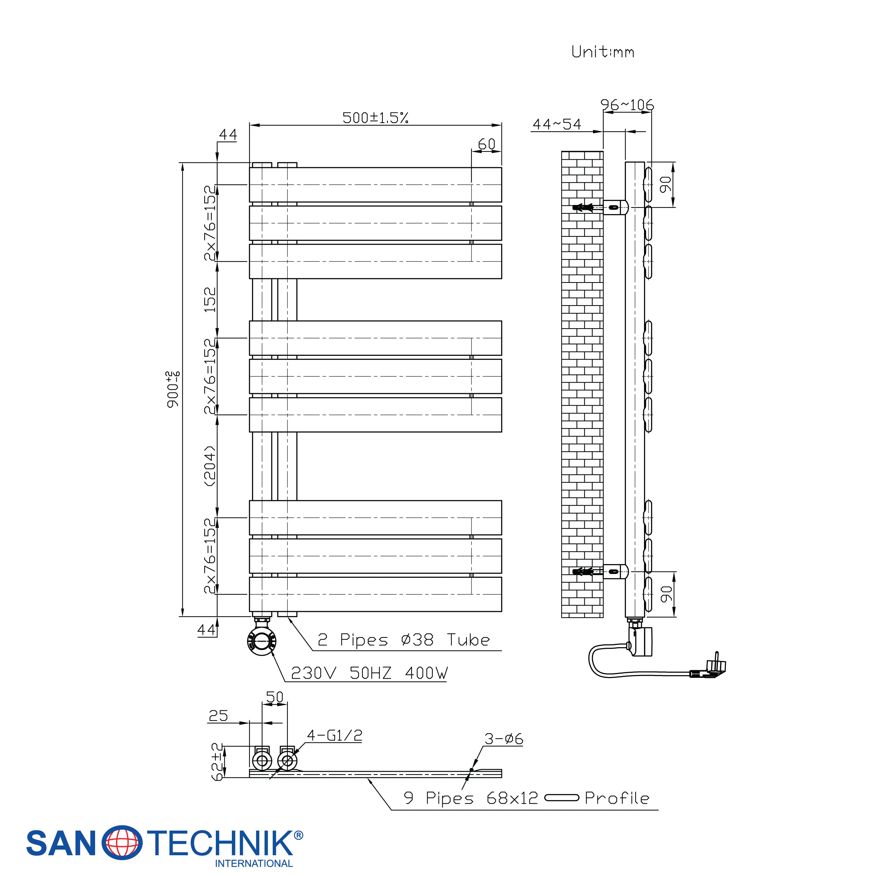 Sanotechnik - Badezimmerheizkörper E-SALZBURG weiß 50x90cm 400 Watt