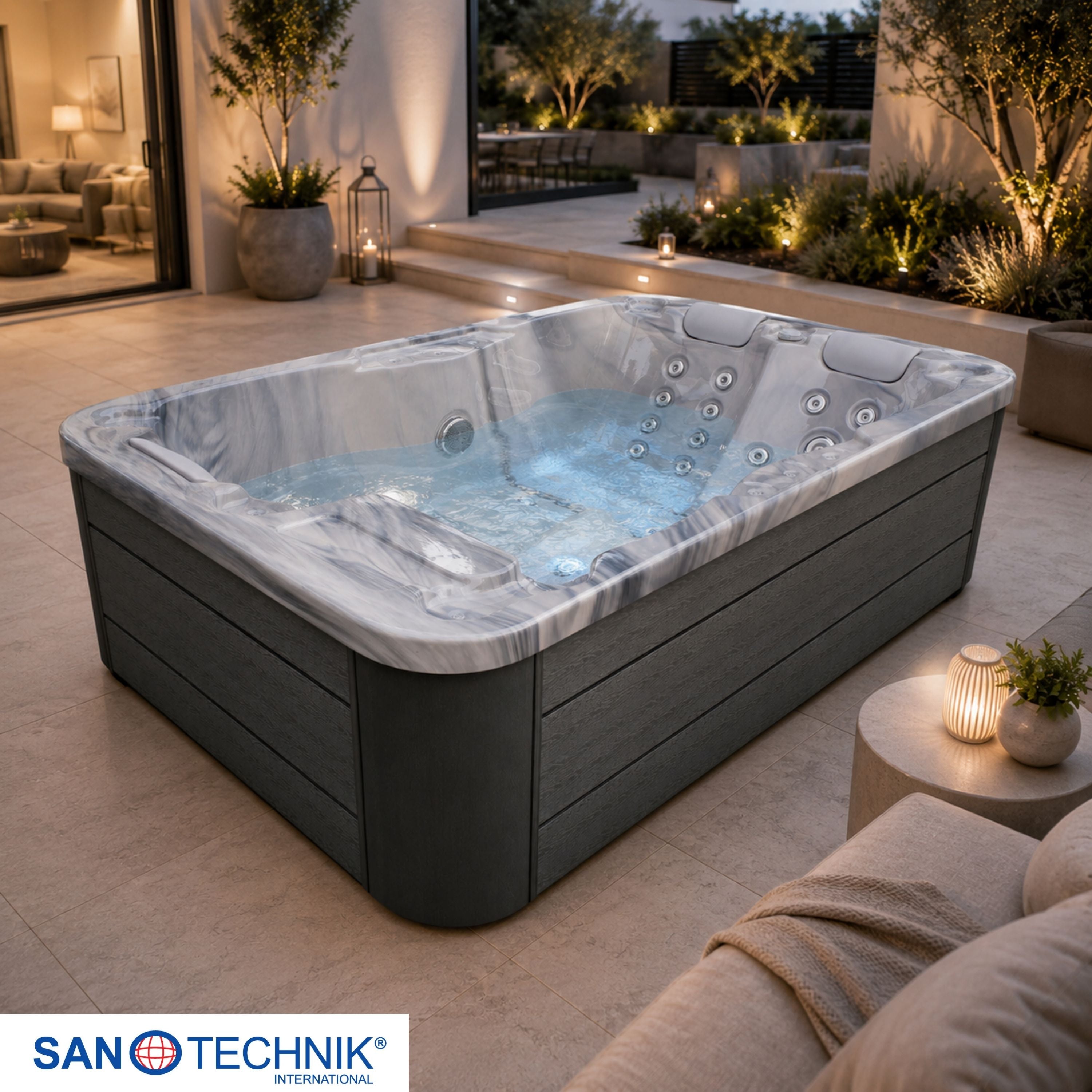 Sanotechnik - MODENA OUTDOOR WHIRLPOOL silver marble inkl. Abdeckung 205x130x70 cm
