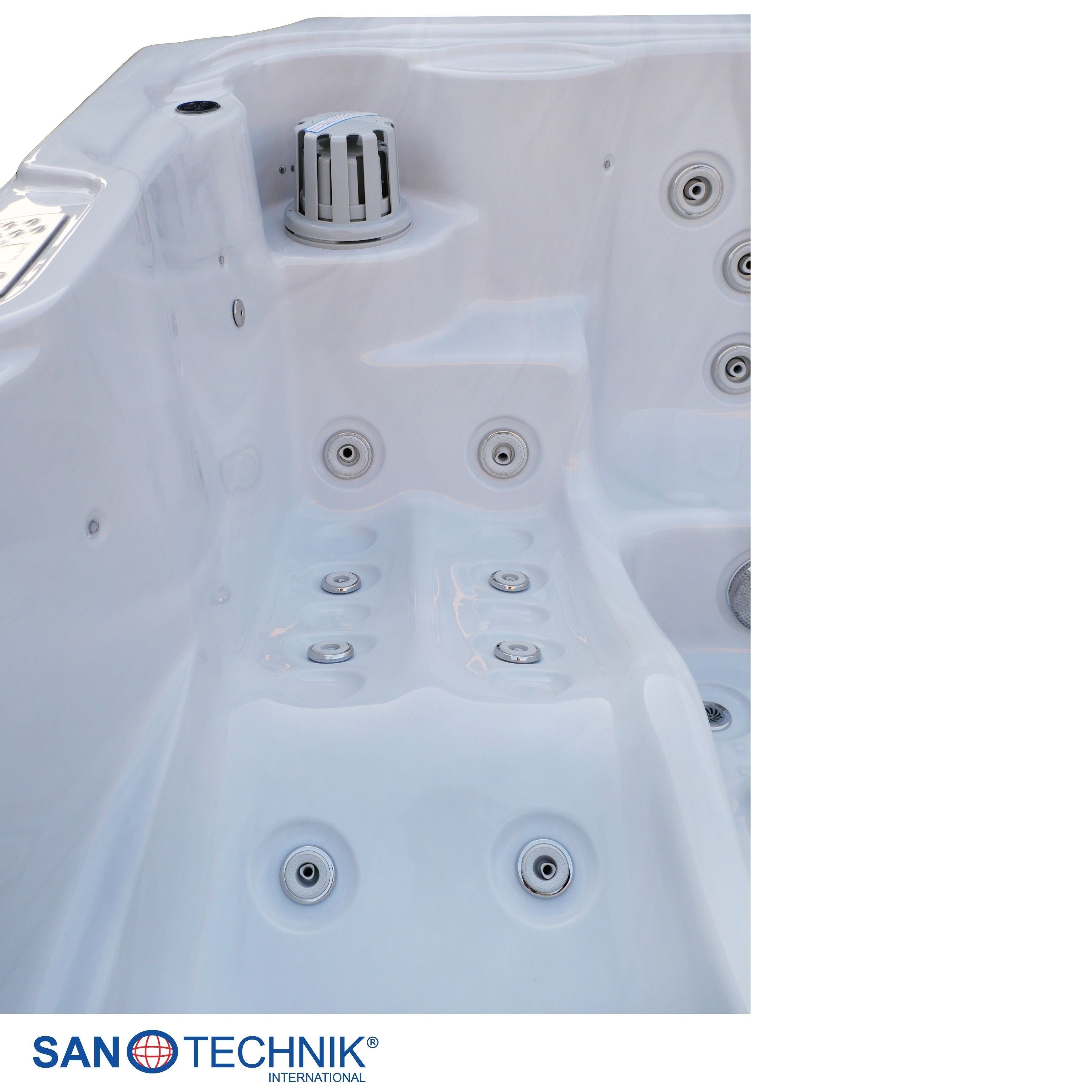 Sanotechnik - OASIS MAXI OUTDOOR WHIRLPOOL white marble inkl. Abdeckung und Stiege 210x210x95 cm