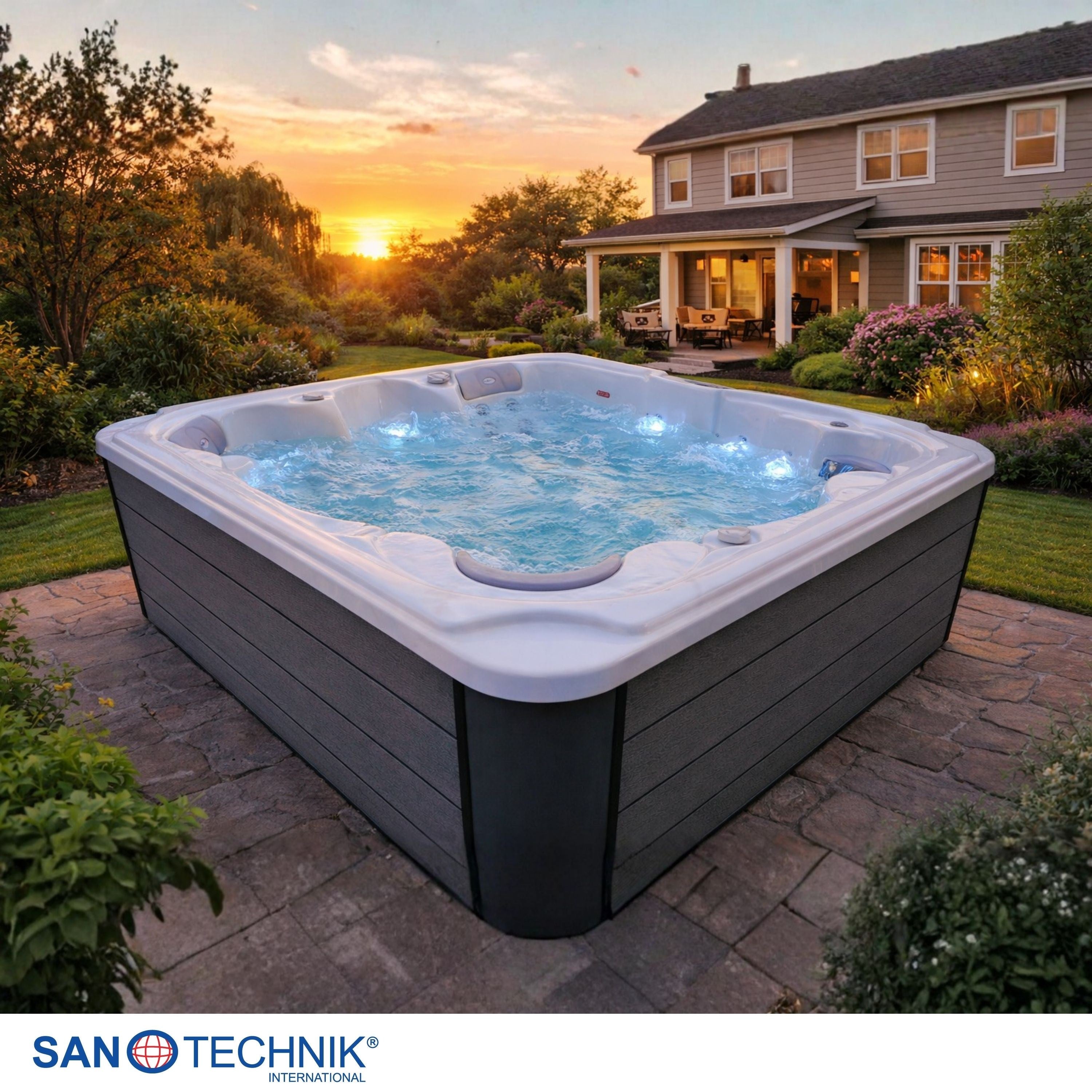 Sanotechnik - OASIS MAXI OUTDOOR WHIRLPOOL white marble inkl. Abdeckung und Stiege 210x210x95 cm