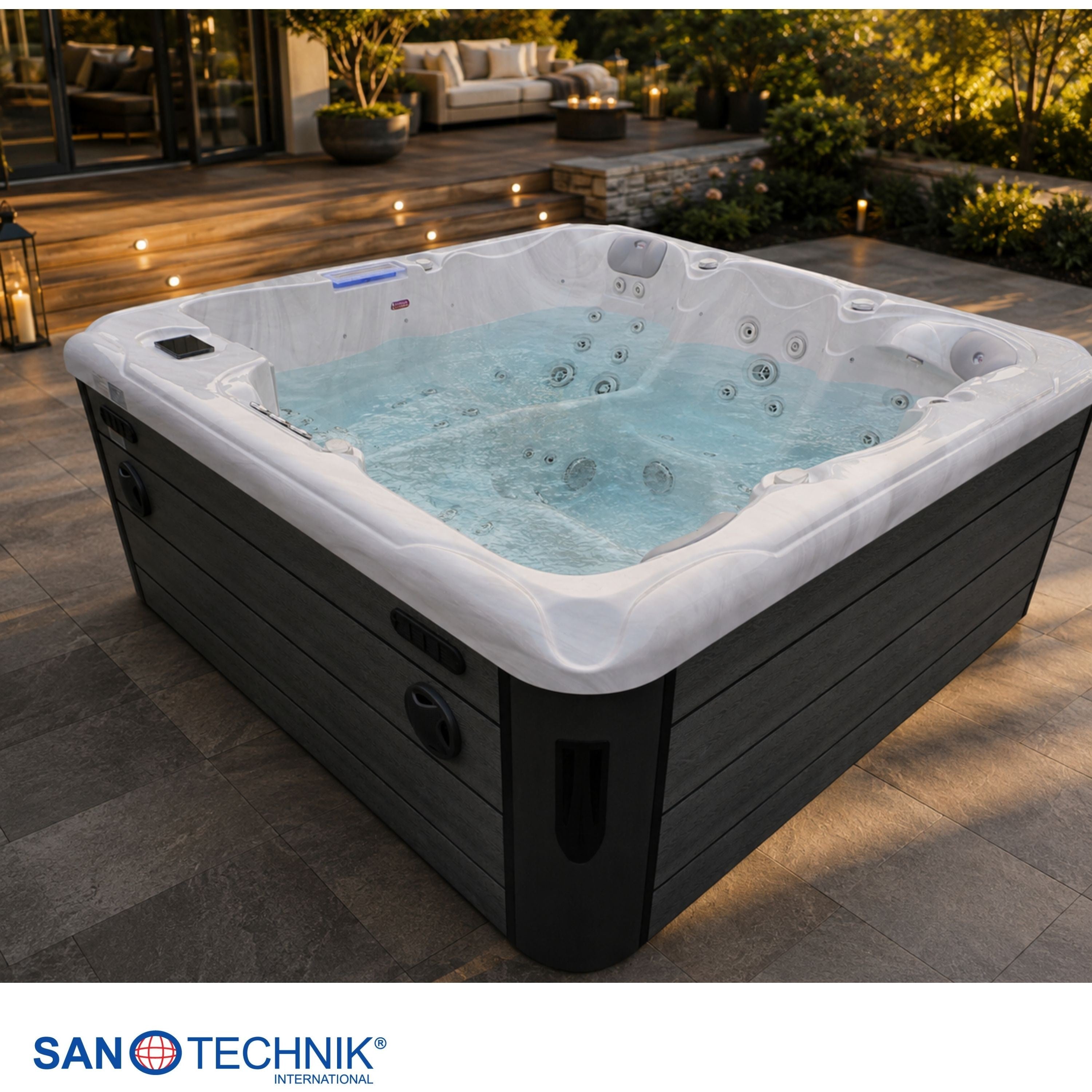 Sanotechnik - HAWAI OUTDOOR WHIRLPOOL white marble inkl. Abdeckung und Stiege 220x220x95 cm