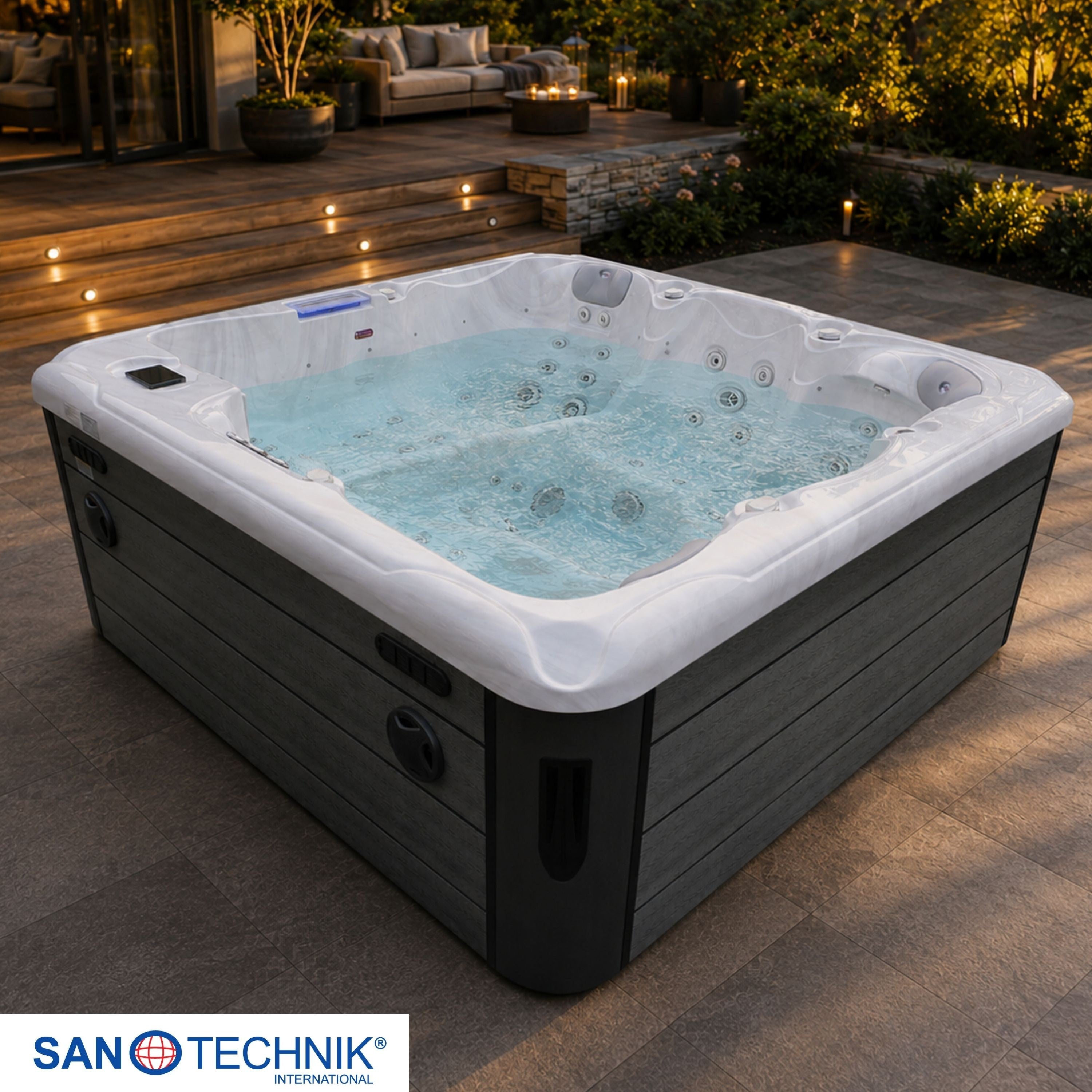 Sanotechnik - HAWAI OUTDOOR WHIRLPOOL white marble inkl. Abdeckung und Stiege 220x220x95 cm