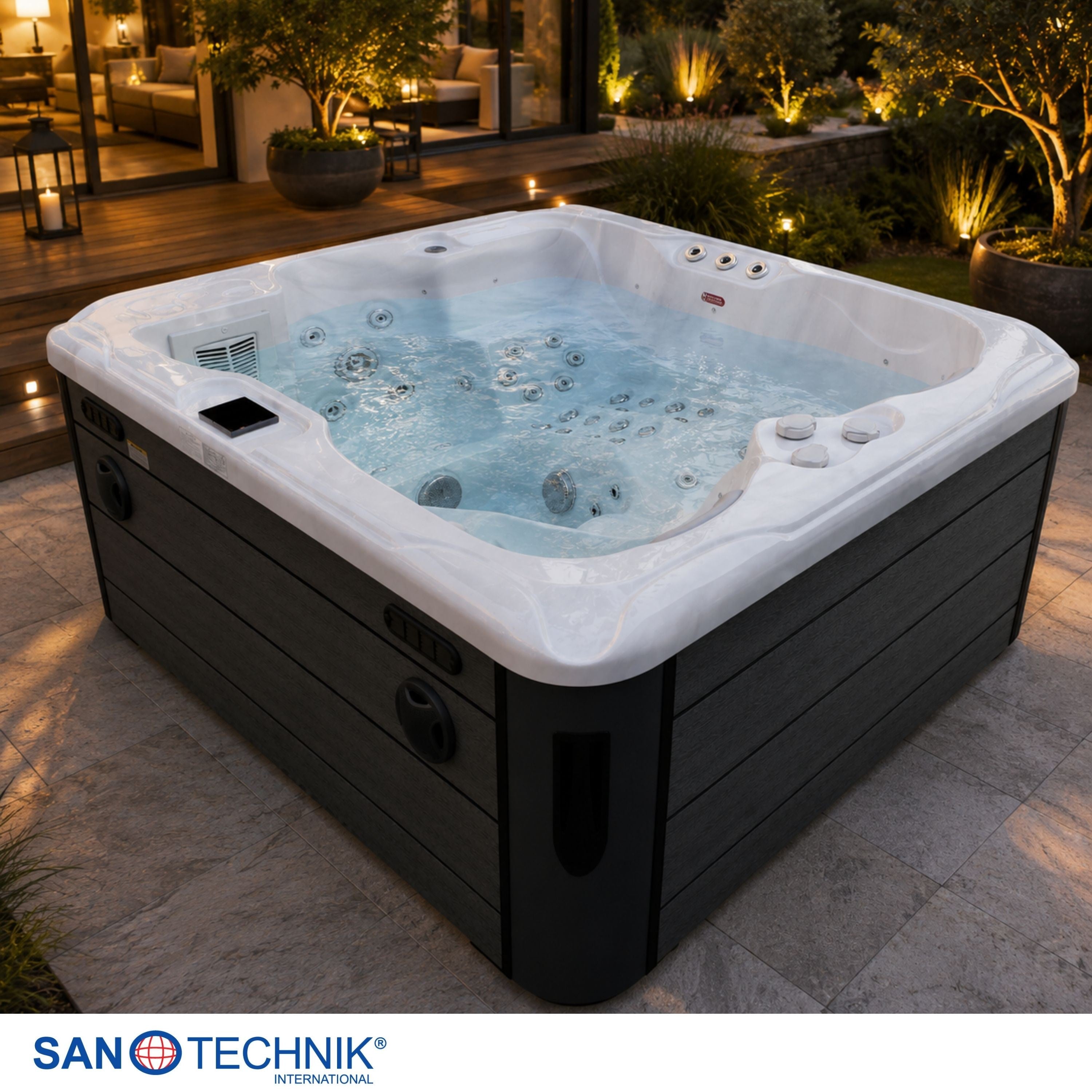 Sanotechnik - MAURITSIUS OUTDOOR WHIRLPOOL white marble inkl. Abdeckung und Stiege 210x160x90 cm