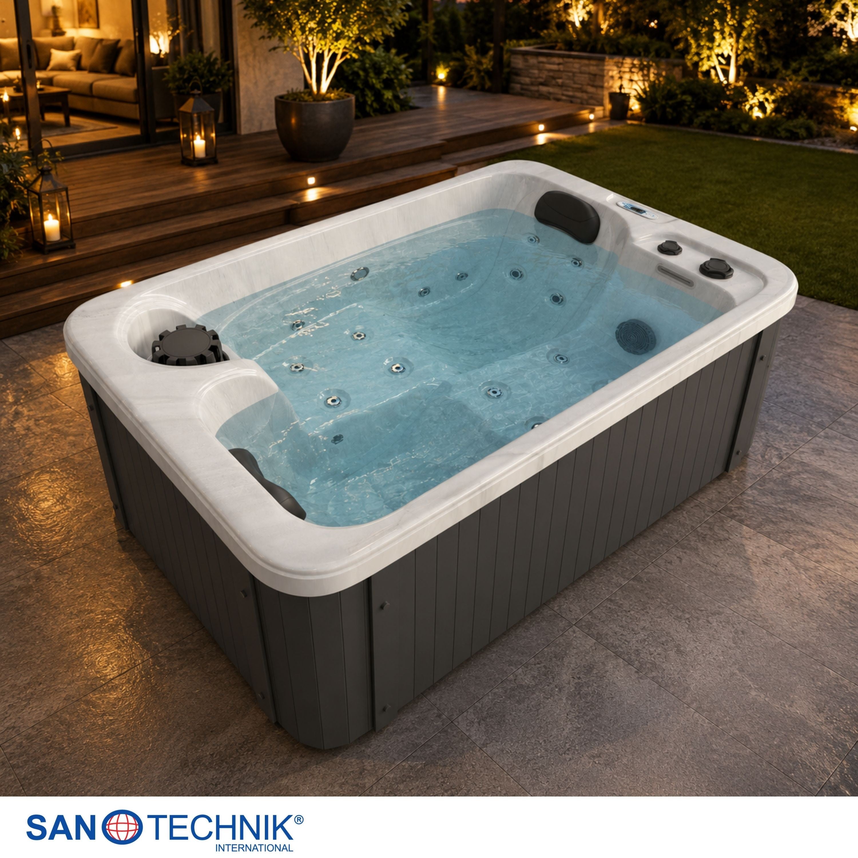 Sanotechnik - SPLIT OUTDOOR WHIRLPOOL white marble inkl. Abdeckung 175x115x70 cm