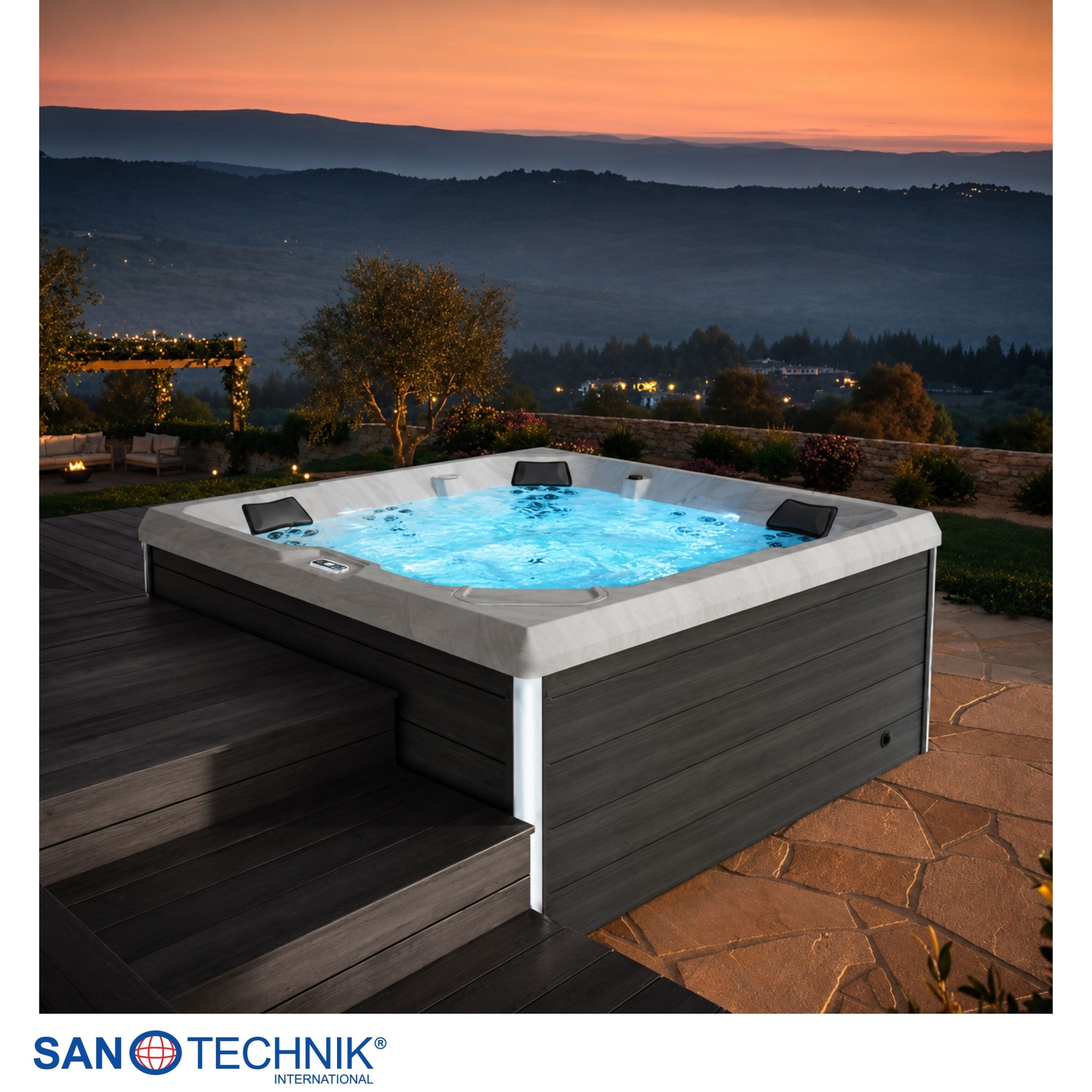 Sanotechnik - ROVINJ OUTDOOR WHIRLPOOL white inkl. Abdeckung und Stiege 210x210x90 cm