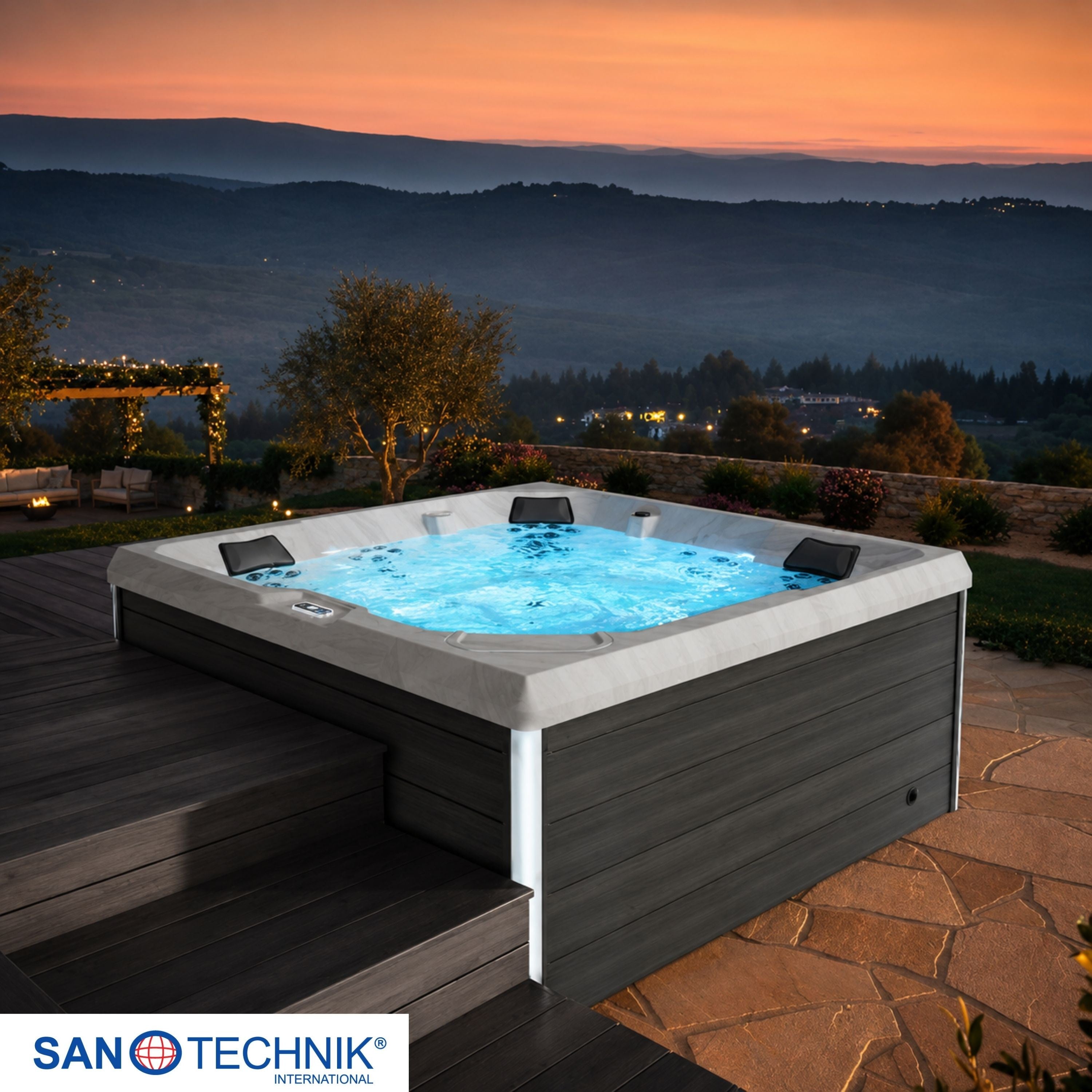 Sanotechnik - ROVINJ OUTDOOR WHIRLPOOL white inkl. Abdeckung und Stiege 210x210x90 cm