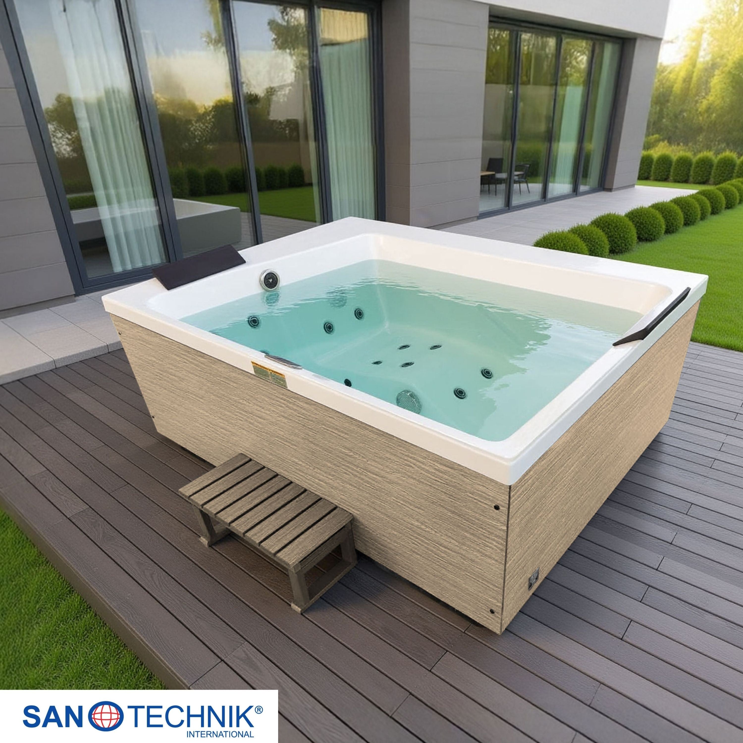 Sanotechnik - ZADAR OUTDOOR WHIRLPOOL white inkl. Abdeckung und Stiege 190x140x70 cm