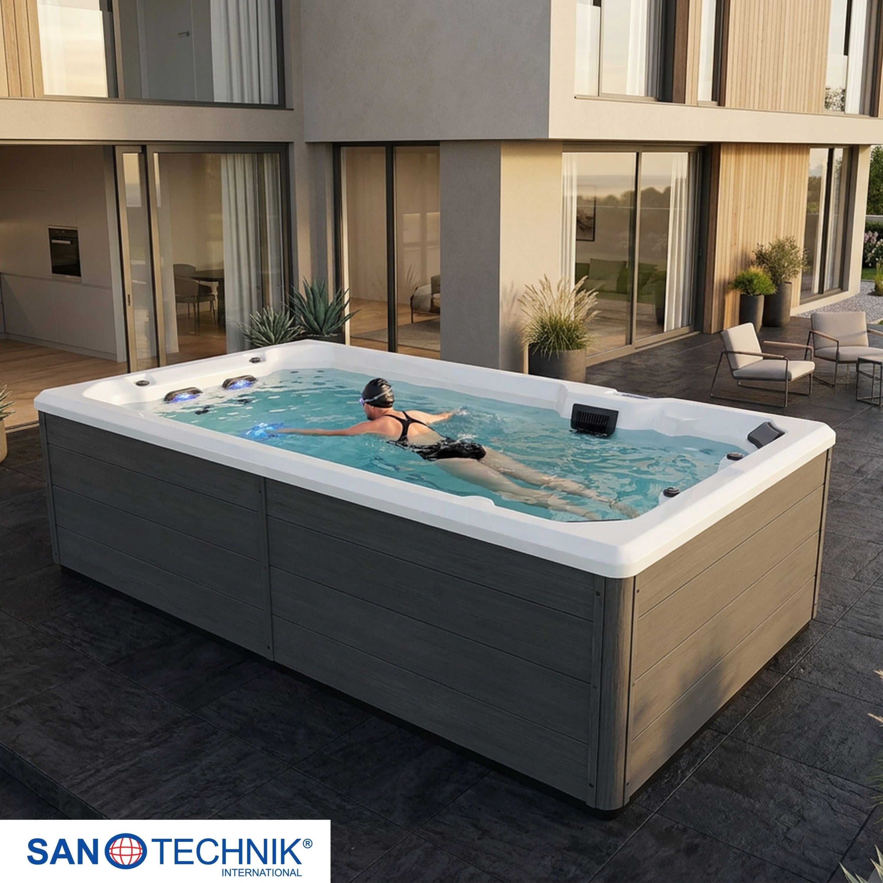 Sanotechnik - VALENCIA SWIMM WHIRLPOOL white inkl. Abdeckung und Stiege 400x220x126 cm