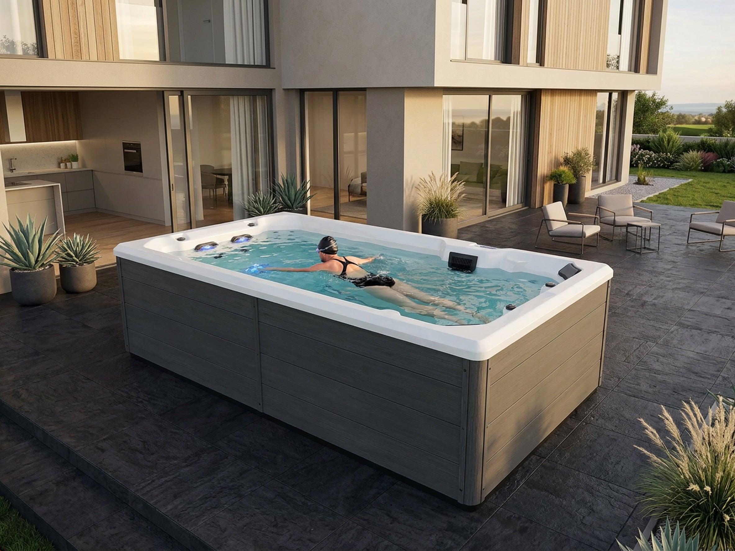 Sanotechnik - VALENCIA SWIMM WHIRLPOOL white inkl. Abdeckung und Stiege 400x220x126 cm