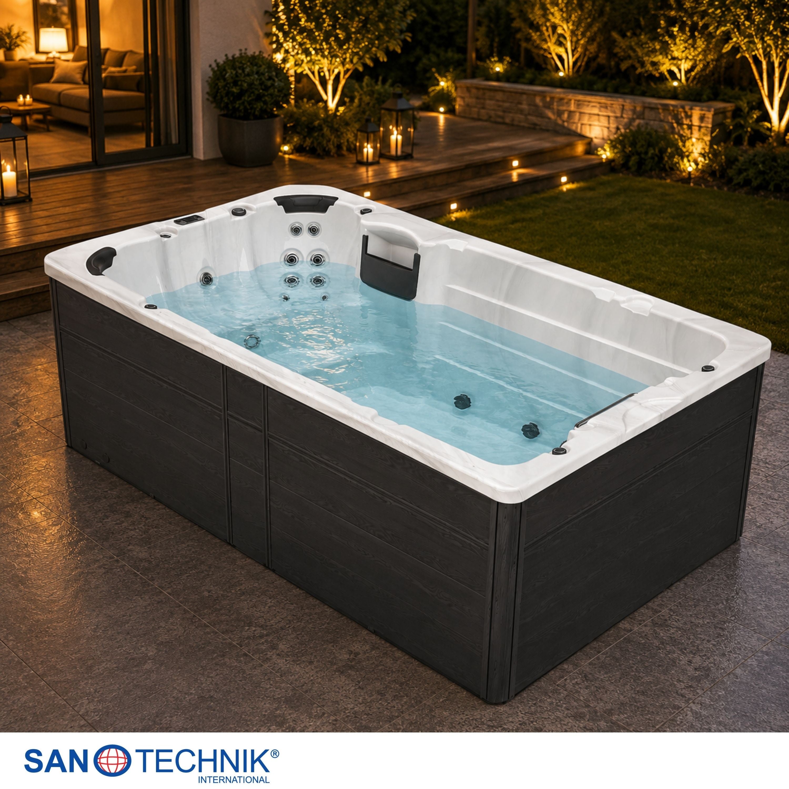 Sanotechnik - IBIZA SWIMM WHIRLPOOL white marble inkl. Abdeckung und Stiege 400x228x131 cm