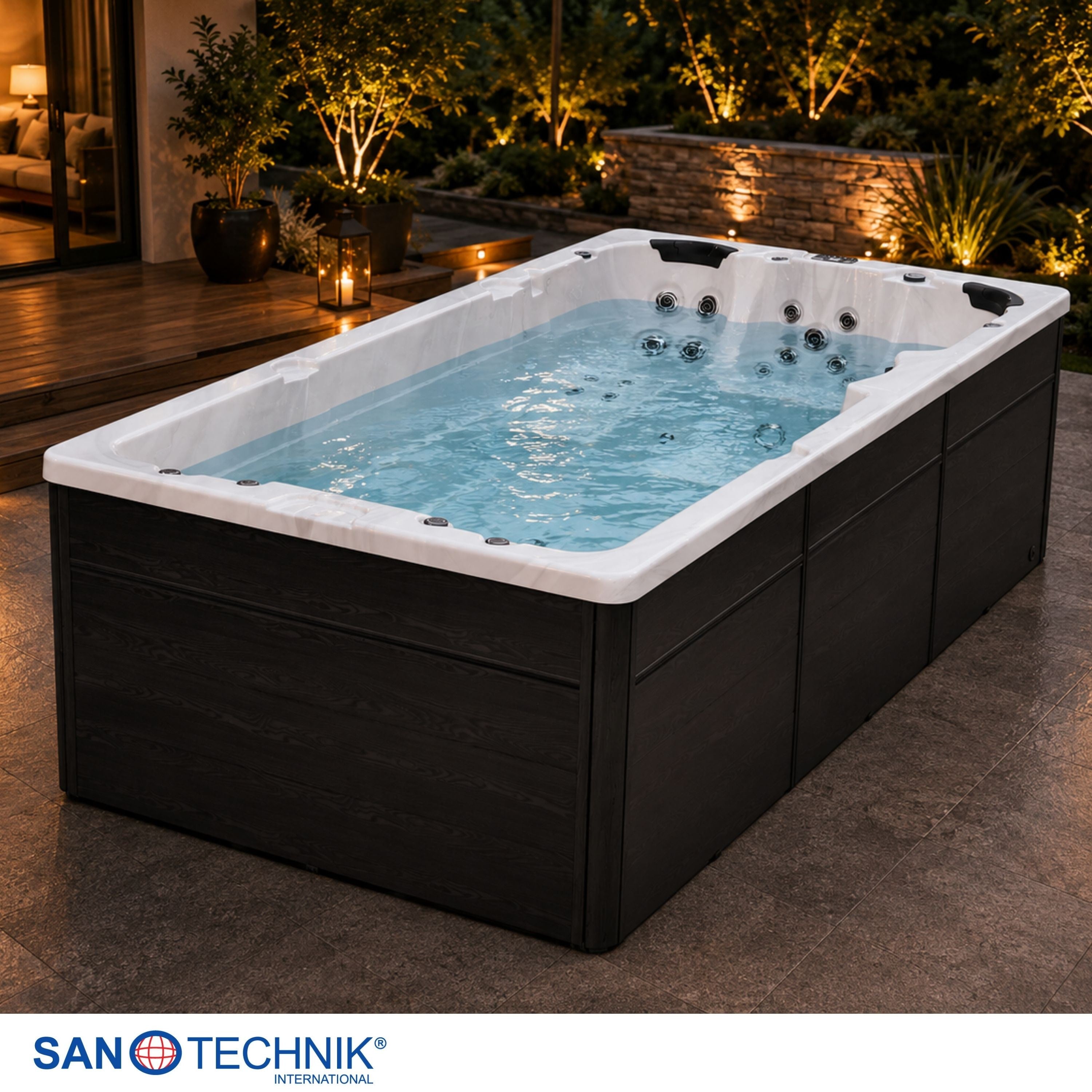 Sanotechnik - MENORCA  SWIMM WHIRLPOOL white marble inkl. Abdeckung und Stiege 450x228x131 cm
