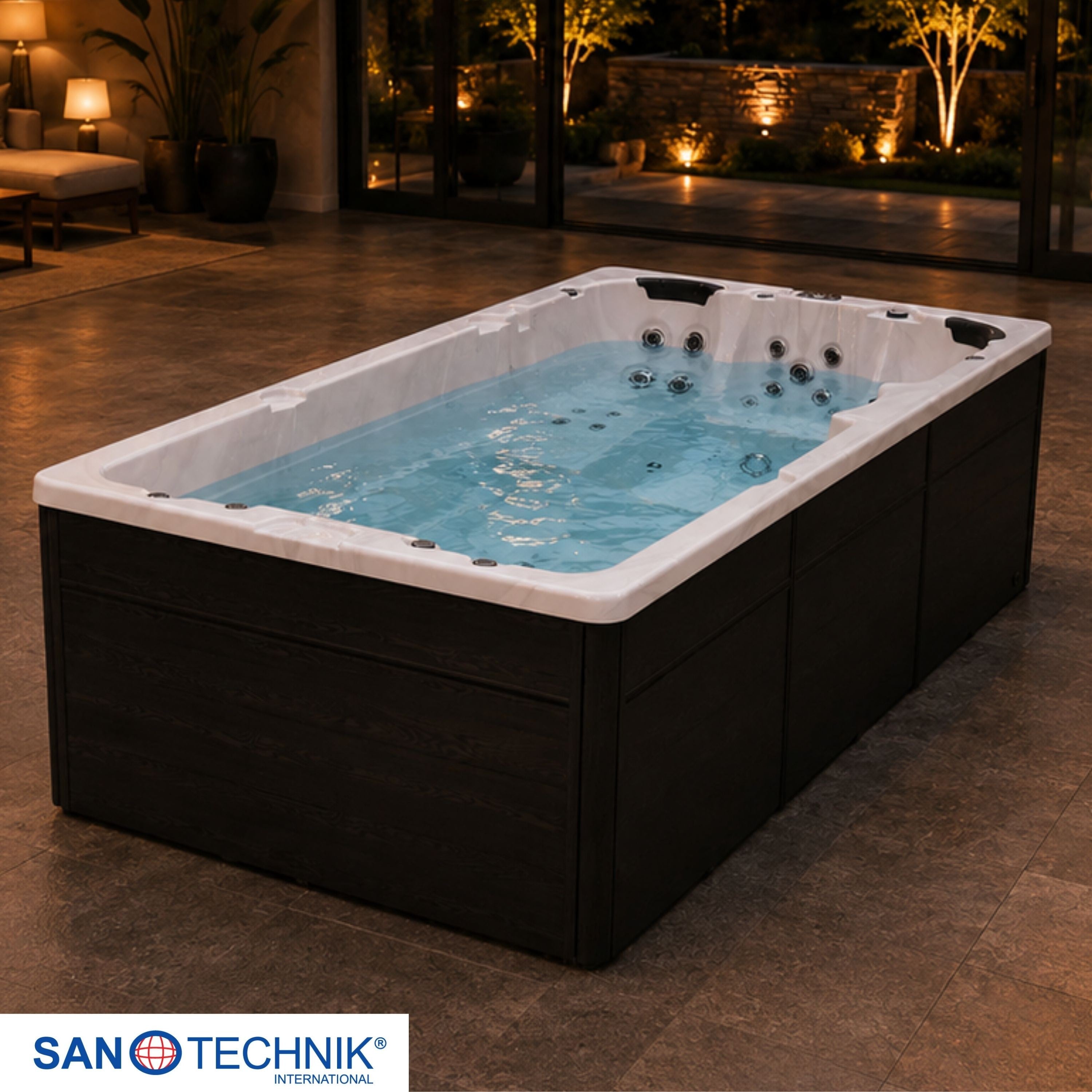 Sanotechnik - MENORCA  SWIMM WHIRLPOOL white marble inkl. Abdeckung und Stiege 450x228x131 cm