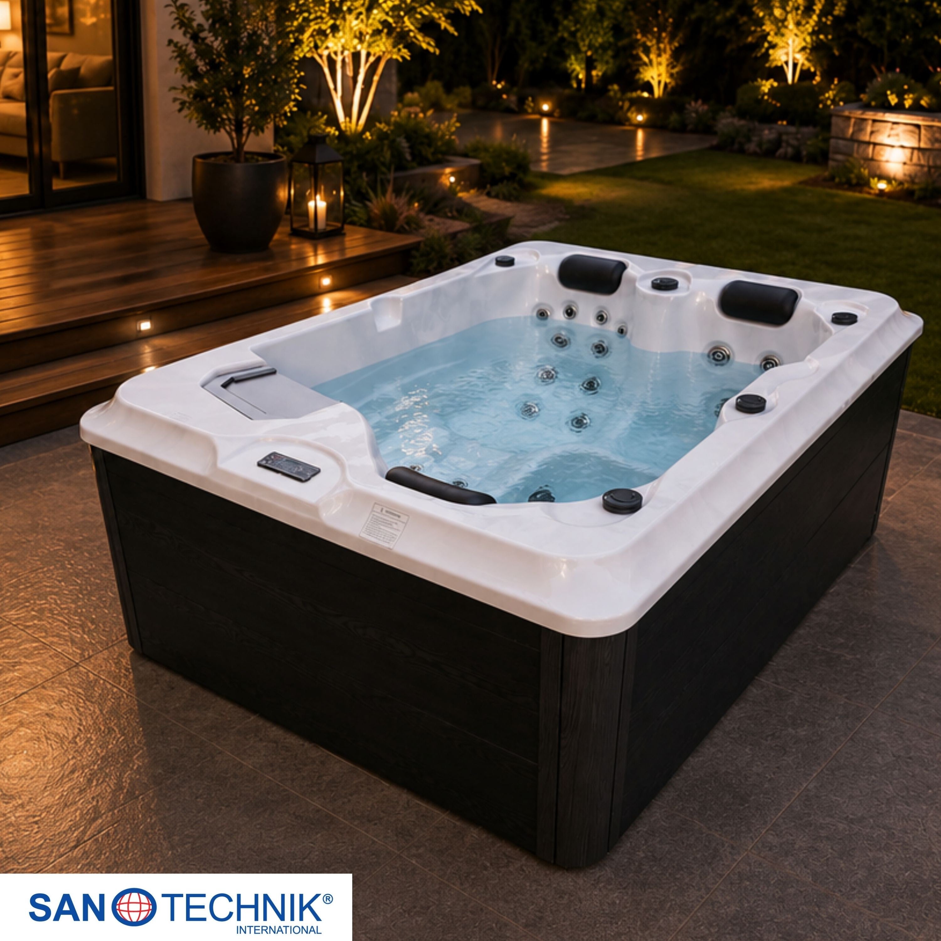 Sanotechnik - FIJI OUTDOOR WHIRLPOOL white marble inkl. Abdeckung und Stiege 210x160x80 cm