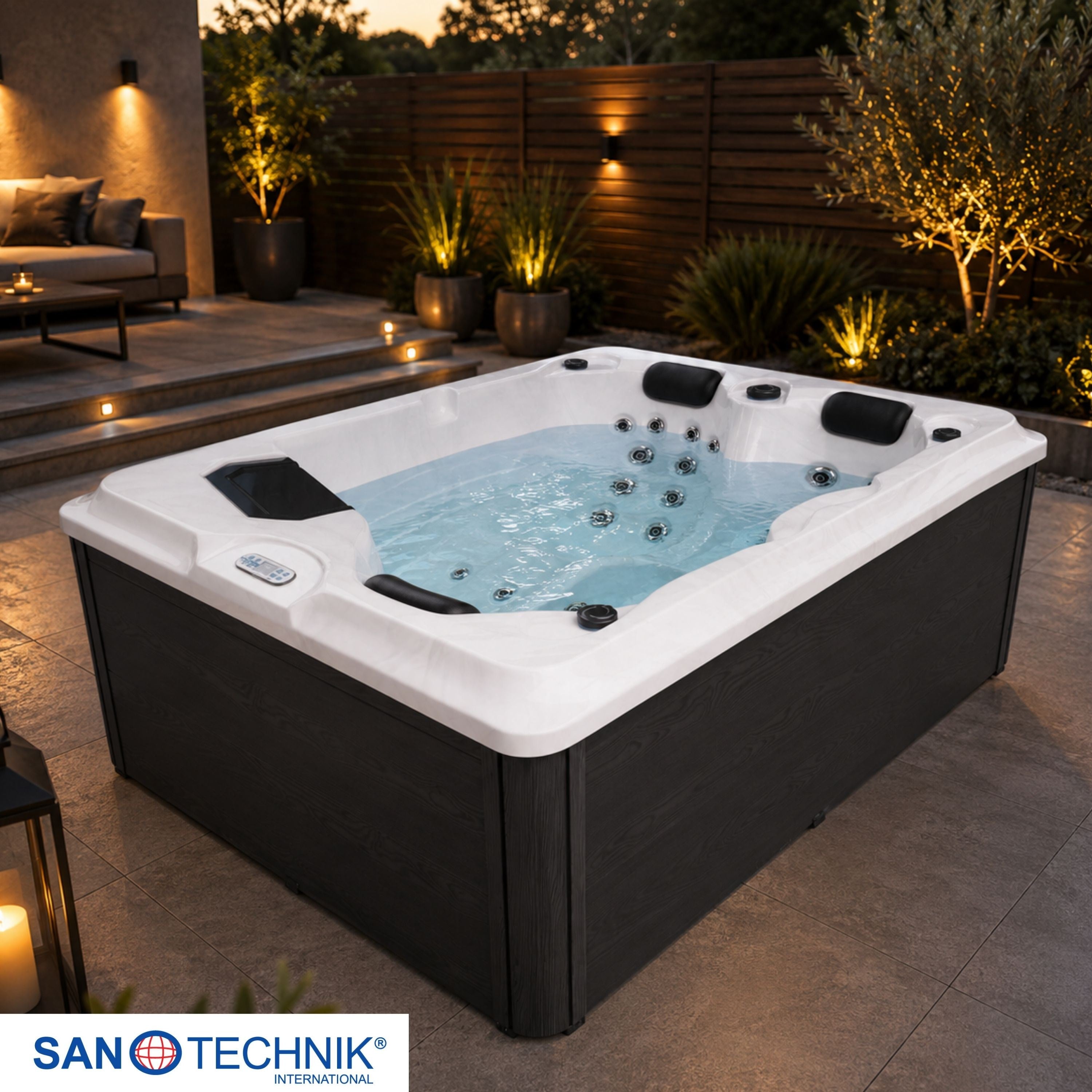 Sanotechnik - DIABLO OUTDOOR WHIRLPOOL white marble inkl. Abdeckung und Stiege 210x160x80 cm