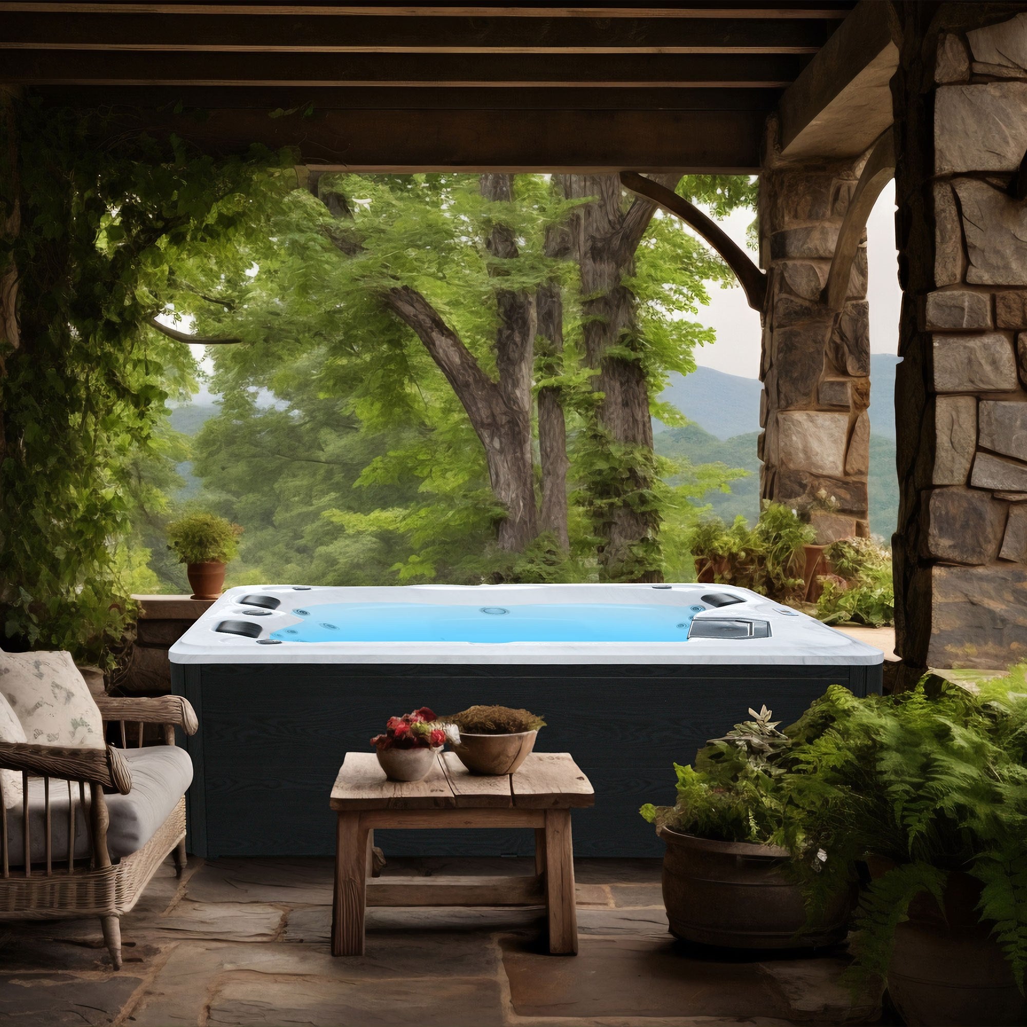 Sanotechnik - DIABLO OUTDOOR WHIRLPOOL white marble inkl. Abdeckung und Stiege 210x160x80 cm
