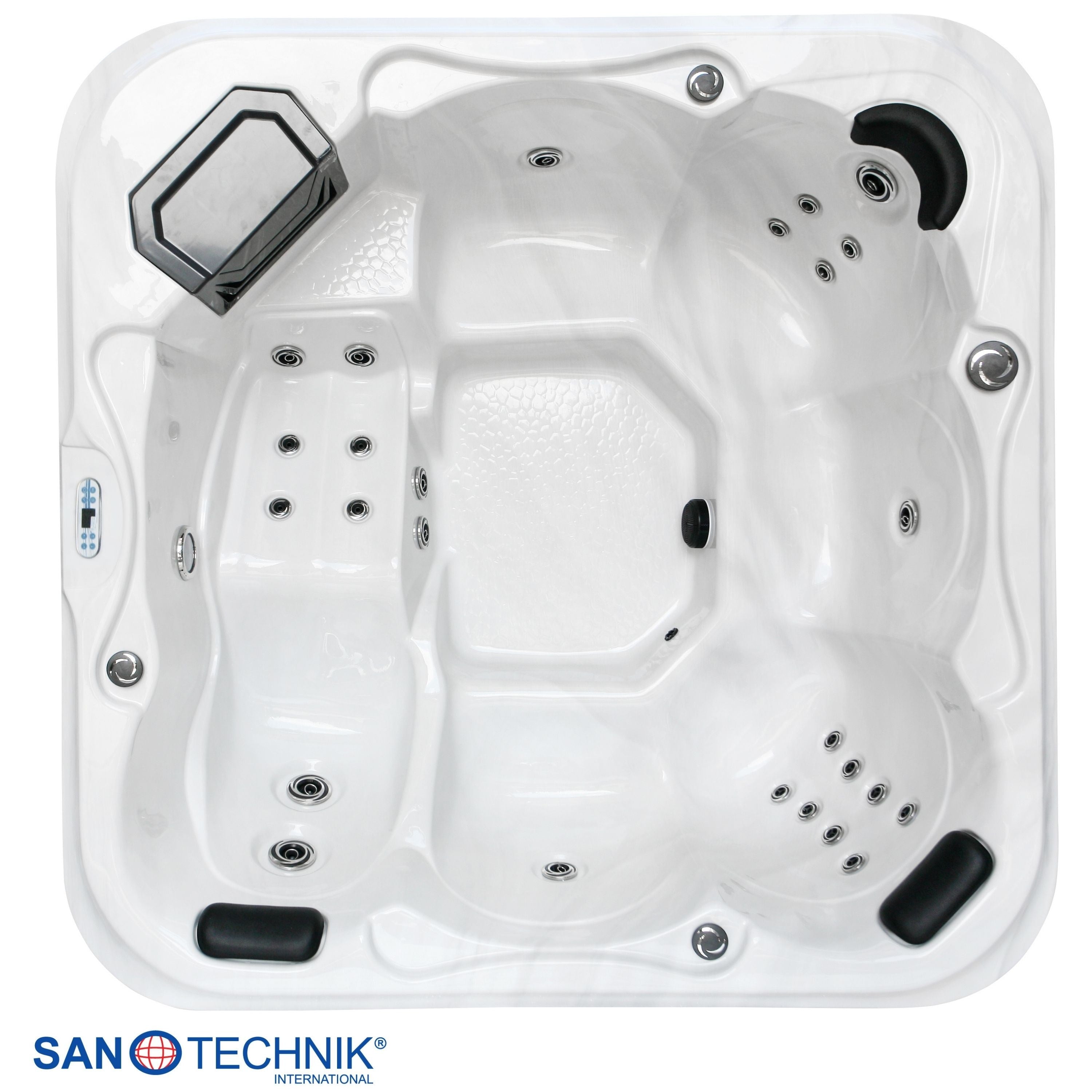 Sanotechnik - TIROL OUTDOOR WHIRLPOOL white marble inkl. Abdeckung und Stiege 210x210x80 cm