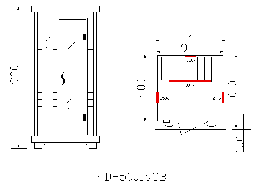 Sanotechnik Infrarotkabine PUNTO - Skizze mit Abmessung Länge x Breite x Höhe