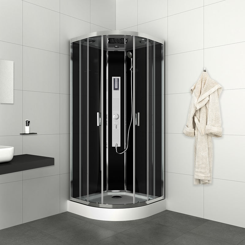 Sanotechnik TREND 3 Rundduschkabine mit Touchscreen, Jet Edelstahlmassagedüsen, Handbrause, Regendusche, Bluetooth, Radio und Ventilator. Doppelrollen und Sicherheitsglas