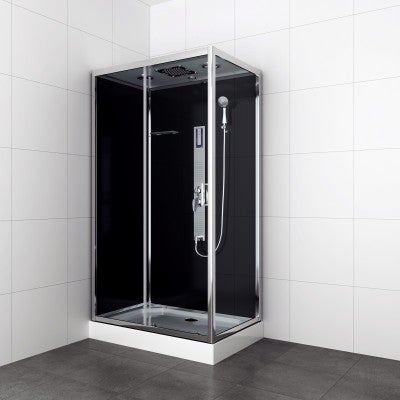 Sanotechnik TREND 3 Eckduschkabine mit Touchscreen, Jet Edelstahlmassagedüsen, Handbrause, Regendusche, Bluetooth, Radio und Ventilator. Doppelrollen und Sicherheitsglas