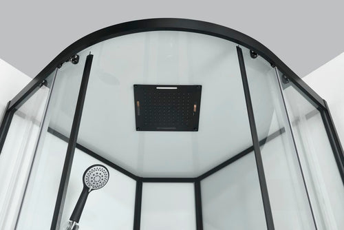 Sanotechnik SKY 2 Rundduschkabine mit schwarzen Alu Profilen, Massagedüsen, Handbrause, Regendusche, Glasablage und Sicherheitsglas.