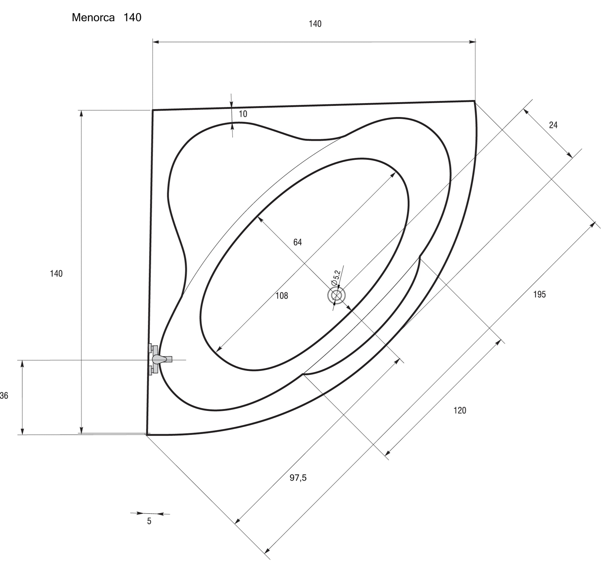 Sanotechnik MENORCA Eckbadewanne Sanotechnik, Füllmenge 200L, 140x140x45cm, Sitzfläche, Skizze