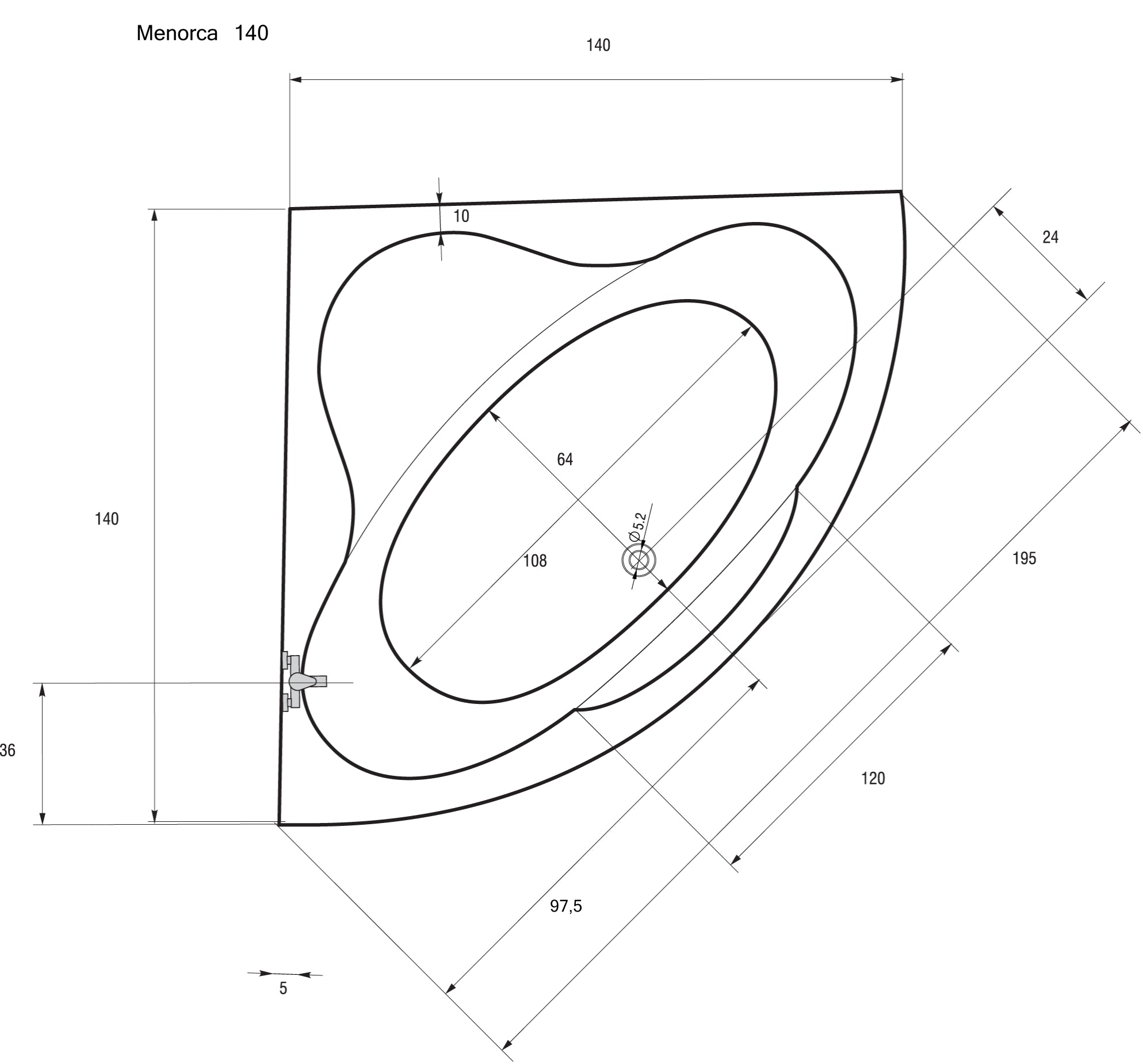 Sanotechnik MENORCA Eckbadewanne Sanotechnik, Füllmenge 200L, 140x140x45cm, Sitzfläche, Skizze