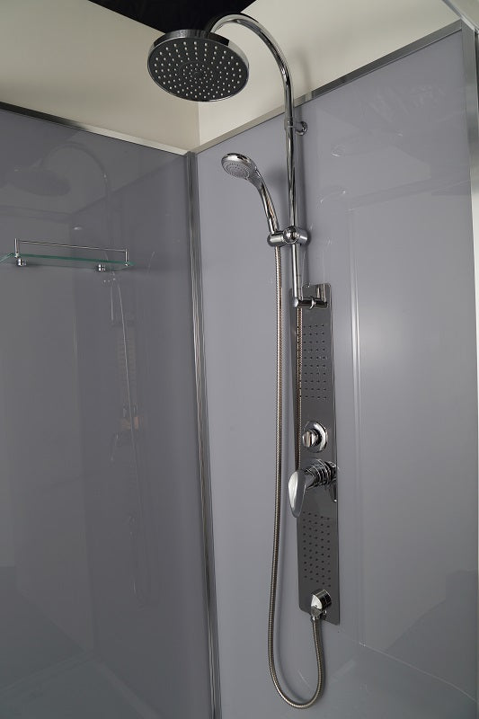  Sanotechnik LIMBO Eckduschkabine mit Jet-Edelstahl Massagedüsen, Handbrause und Kopfbrause. Ablage und Sicherheitsglas