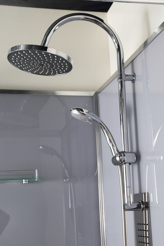 Sanotechnik LIMBO Eckduschkabine mit Jet-Edelstahl Massagedüsen, Handbrause und Kopfbrause. Ablage und Sicherheitsglas