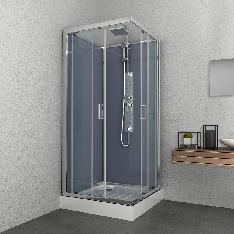 Sanotechnik LIMBO Eckduschkabine mit Jet-Edelstahl Massagedüsen, Handbrause und Kopfbrause. Ablage und Sicherheitsglas