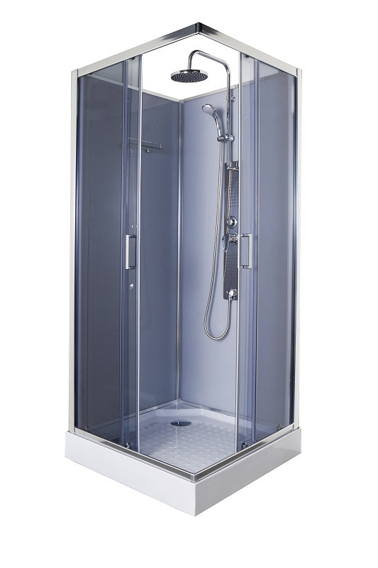 Sanotechnik LIMBO Eckduschkabine mit Jet-Edelstahl Massagedüsen, Handbrause und Kopfbrause. Ablage und Sicherheitsglas