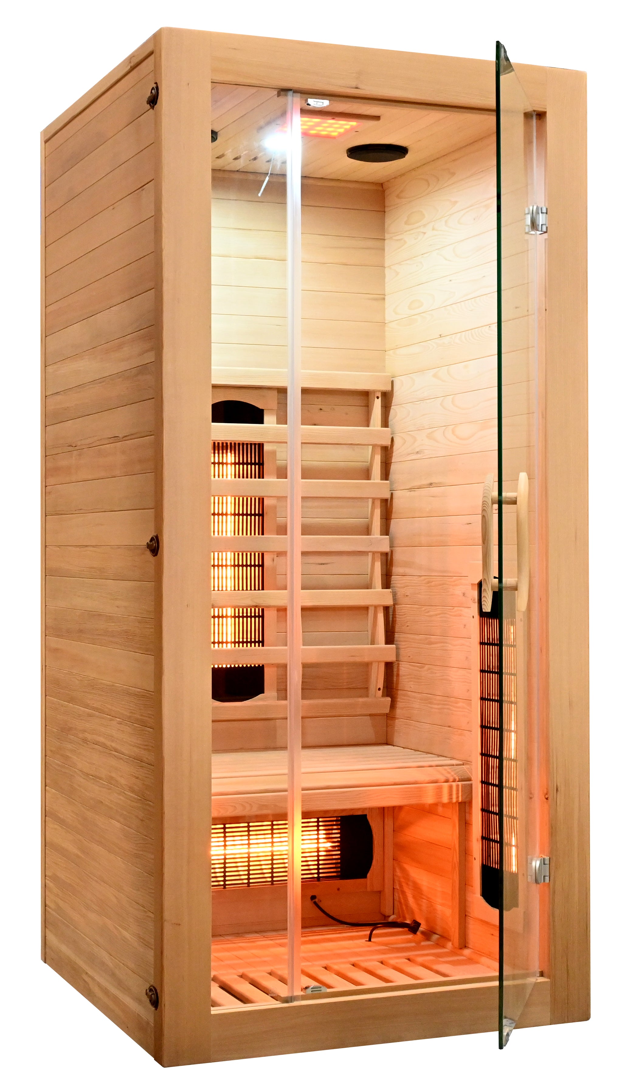 Sanotechnik Infrarotkabine MALMÖ 1 für 1 Person mit 4 Vollspektrumstrahler, 1 Carbon Heizplatte, Farblichttherapie, Audiosystem, Lüftung und elektronisches Bedienelement